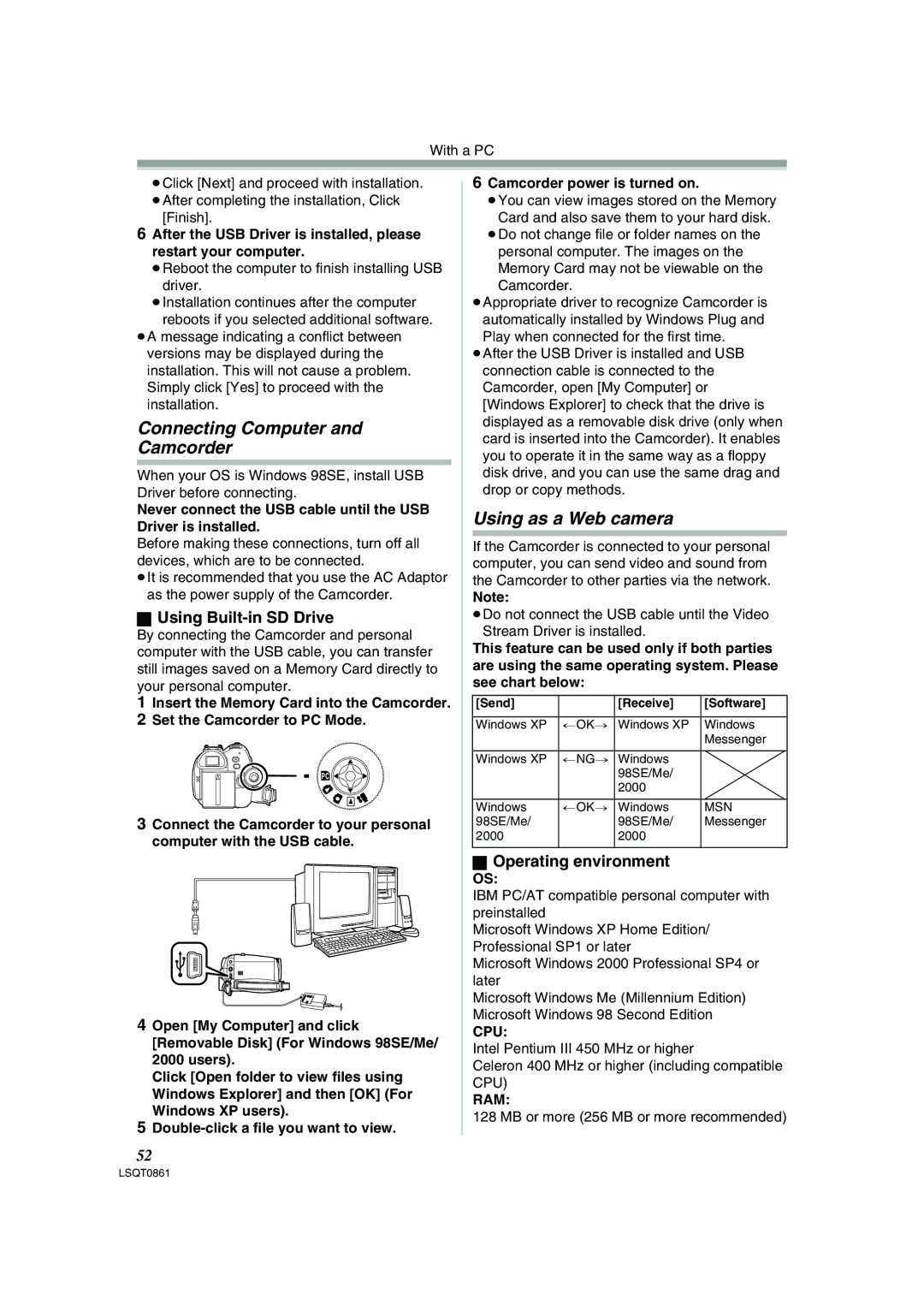 Panasonic PV-GS150 operating instructions Connecting Computer Camcorder, Using as a Web camera, Using Built-in SD Drive 