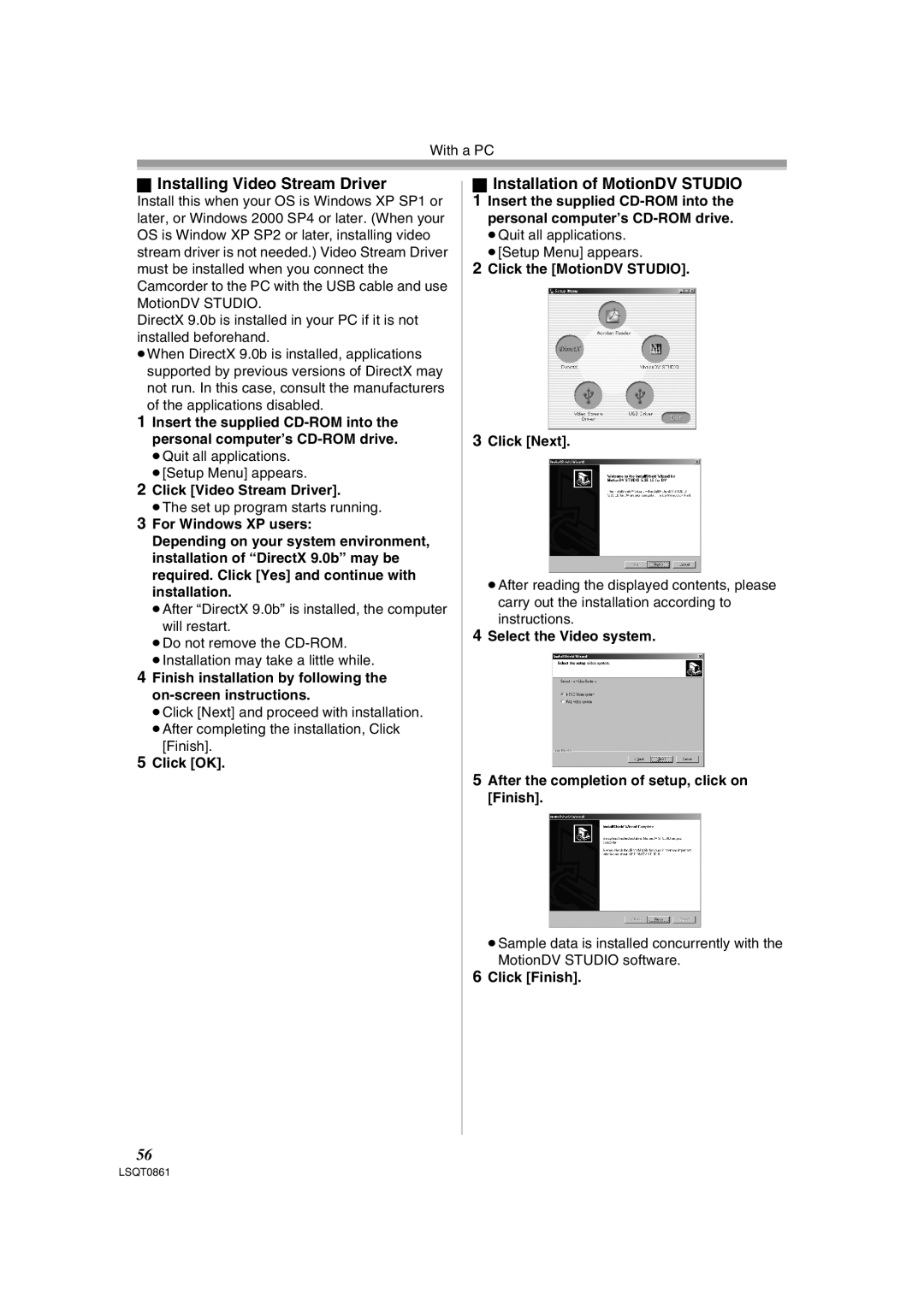 Panasonic PV-GS150 operating instructions Click the MotionDV Studio Click Next, Instructions, Click Finish 