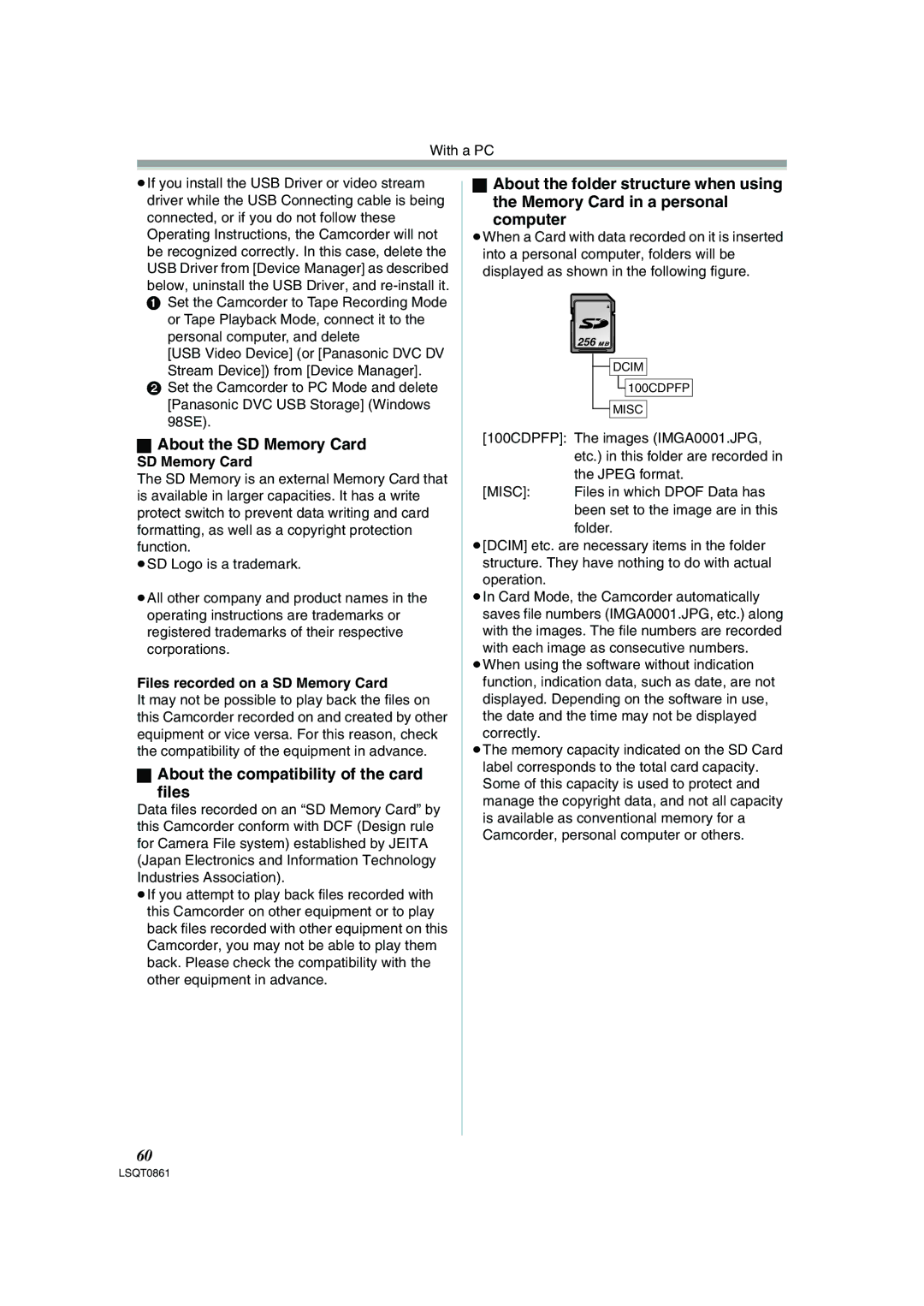 Panasonic PV-GS150 About the SD Memory Card, About the compatibility of the card Files, Files recorded on a SD Memory Card 