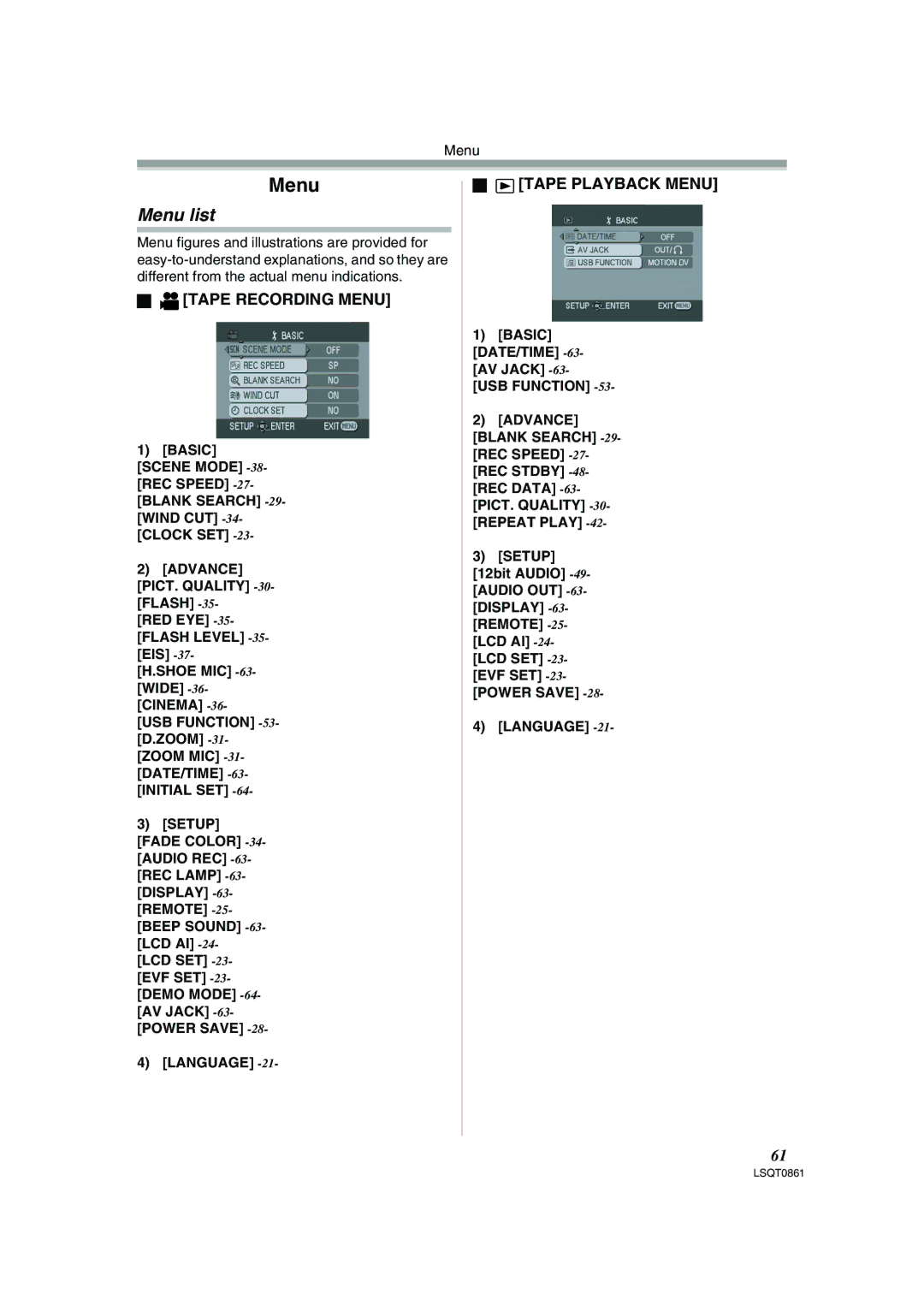 Panasonic PV-GS150 operating instructions Menu list, Tape Recording Menu, Tape Playback Menu, Language 