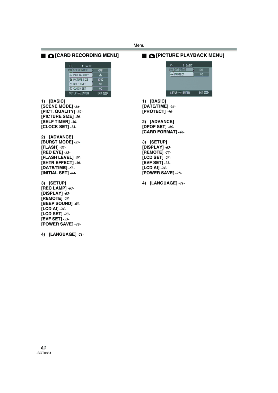 Panasonic PV-GS150 Card Recording Menu, Picture Playback Menu, Basic DATE/TIME -63-PROTECT, Setup Display -63-REMOTE 