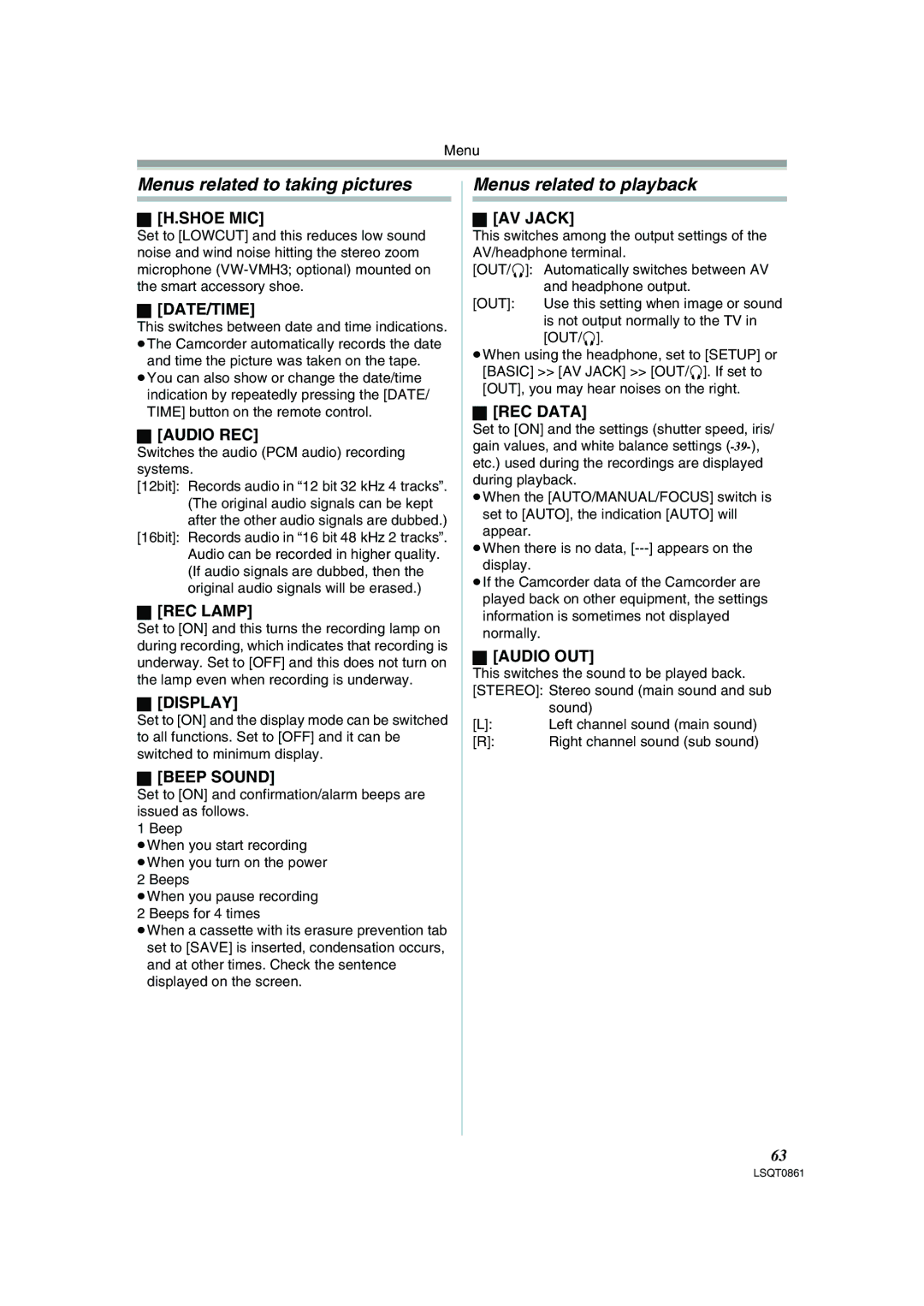 Panasonic PV-GS150 operating instructions Menus related to taking pictures, Menus related to playback 