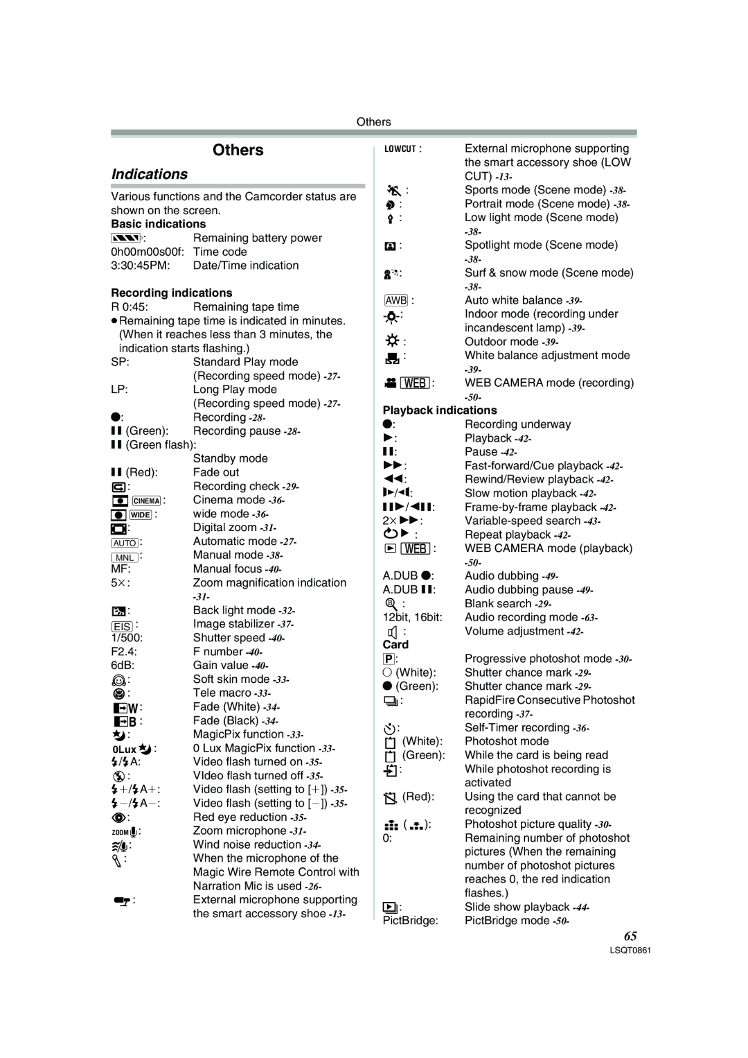 Panasonic PV-GS150 operating instructions Indications, Basic indications, Recording indications, Playback indications, Card 