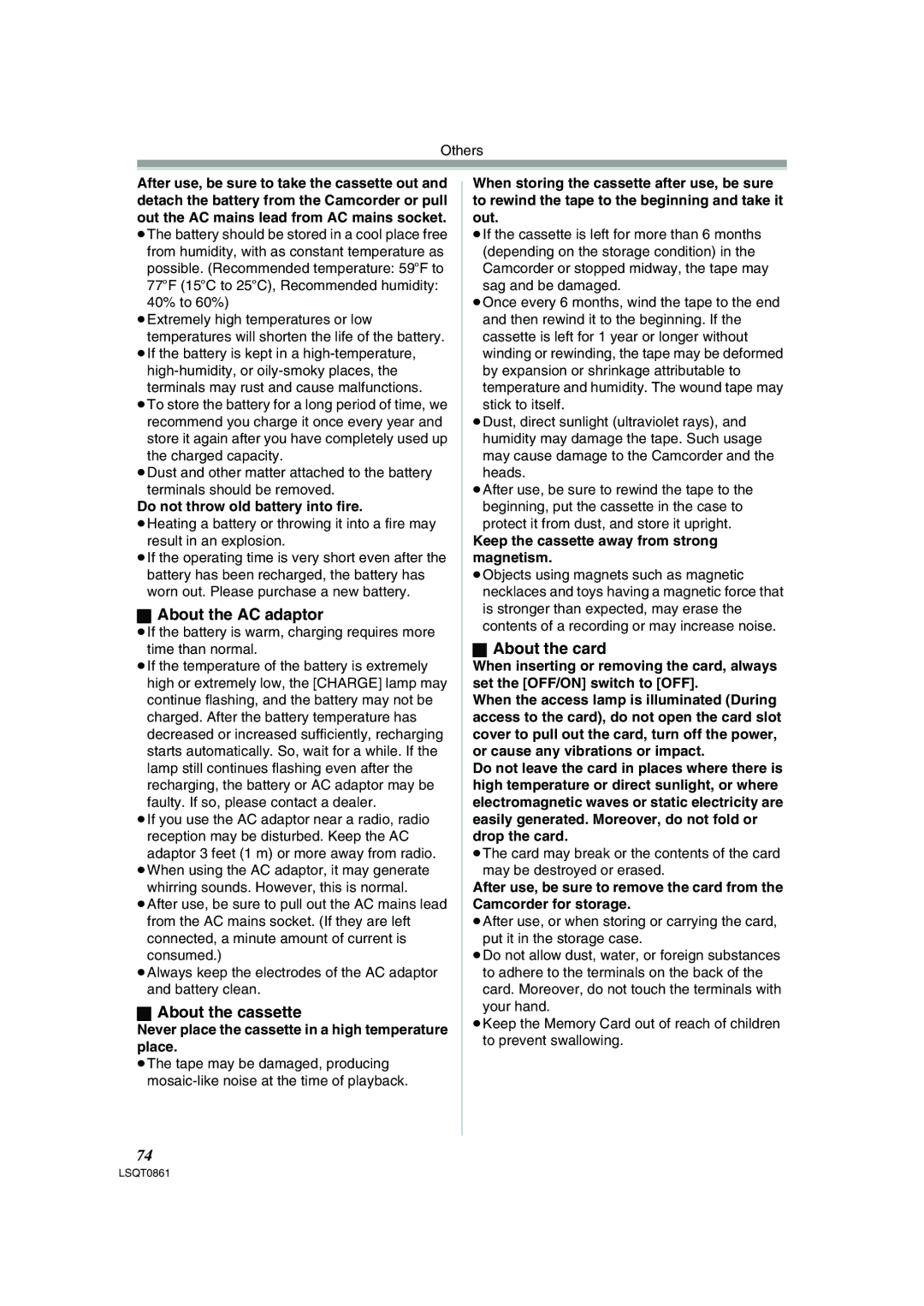 Panasonic PV-GS150 operating instructions About the AC adaptor, About the cassette, About the card 