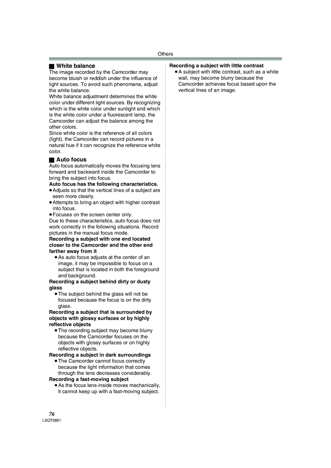 Panasonic PV-GS150 operating instructions White balance, Auto focus 