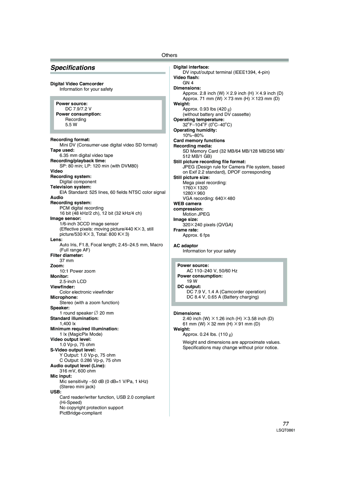 Panasonic PV-GS150 operating instructions Specifications, Image sensor 