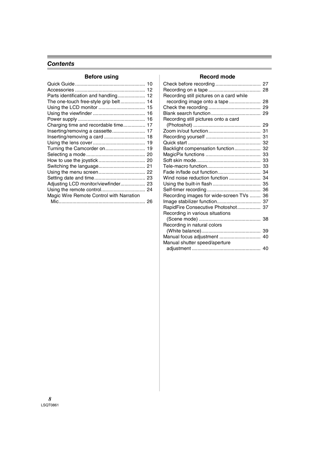 Panasonic PV-GS150 operating instructions Contents 