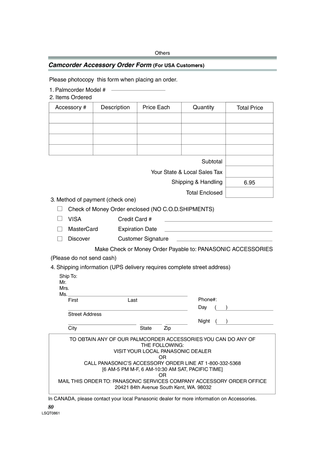 Panasonic PV-GS150 operating instructions Camcorder Accessory Order Form For USA Customers, Visa 