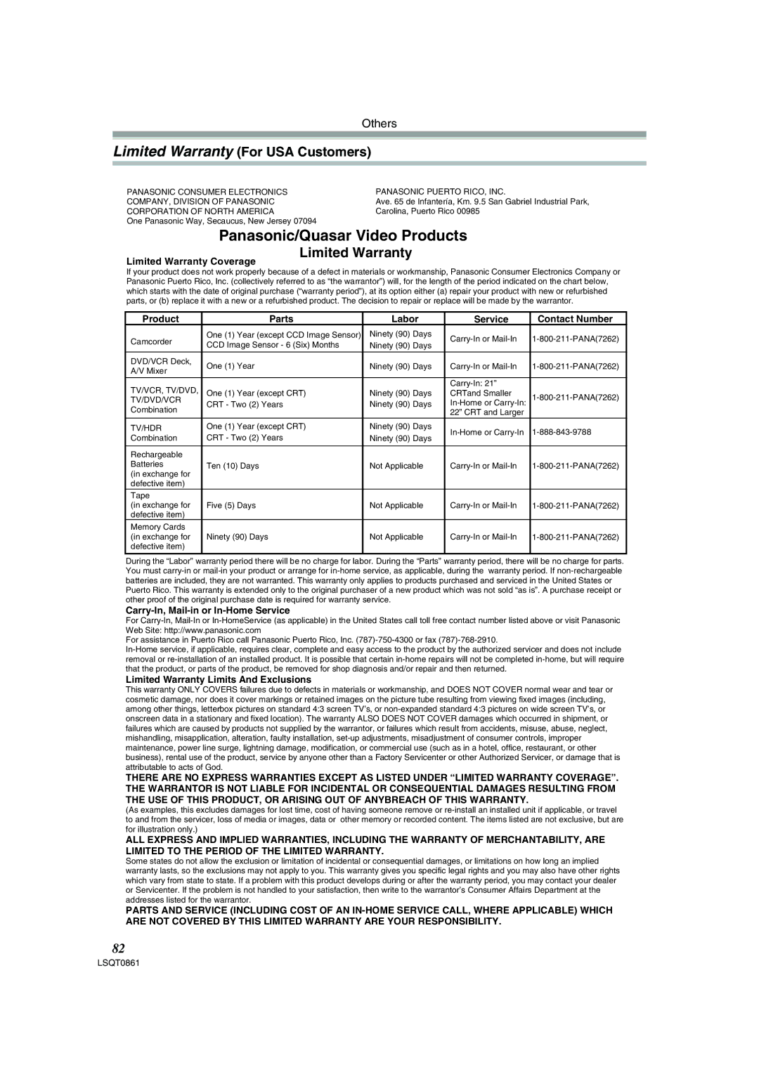 Panasonic PV-GS150 operating instructions Panasonic/Quasar Video Products, Limited Warranty For USA Customers 