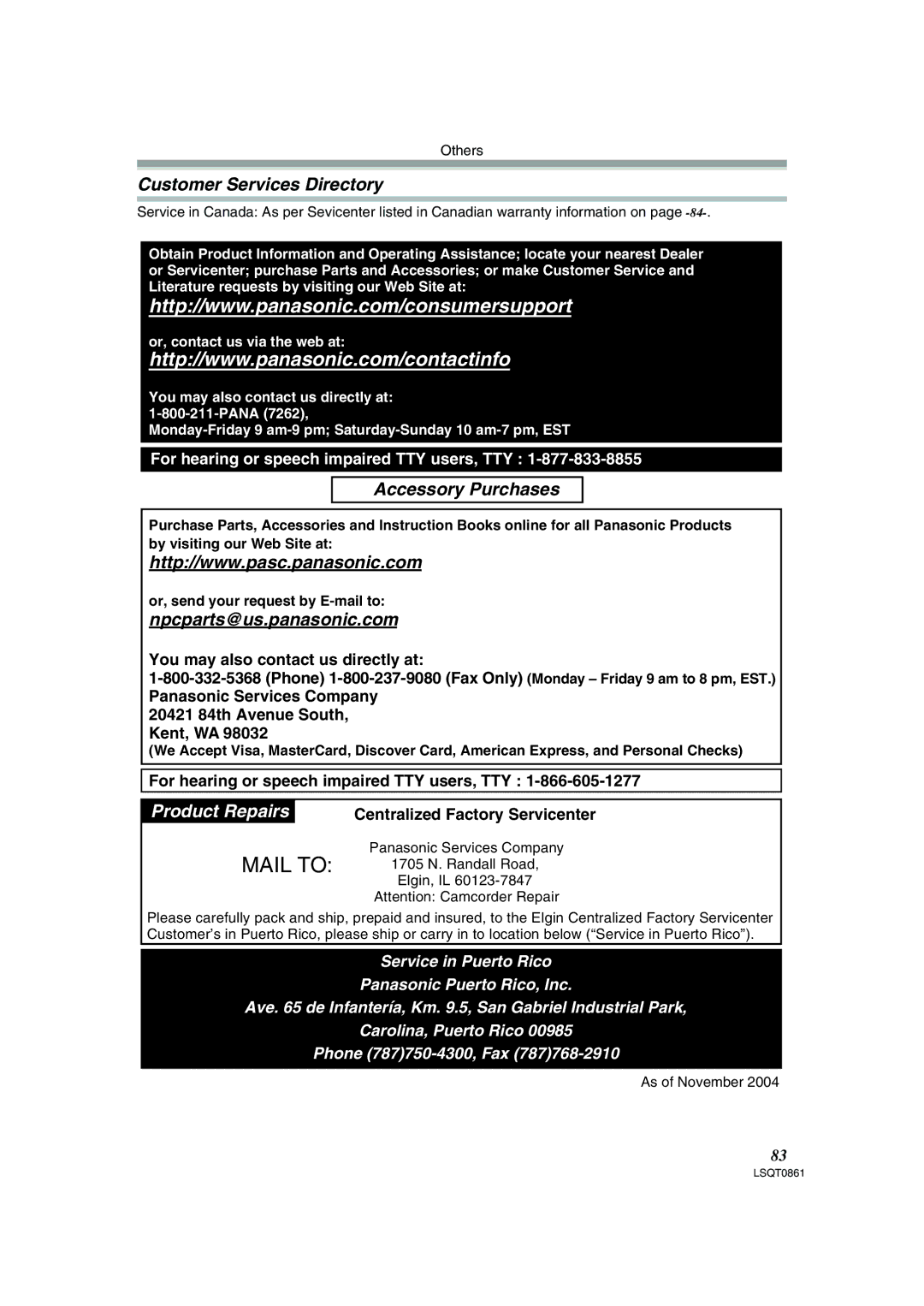 Panasonic PV-GS150 operating instructions Customer Services Directory, Accessory Purchases, Npcparts@us.panasonic.com 