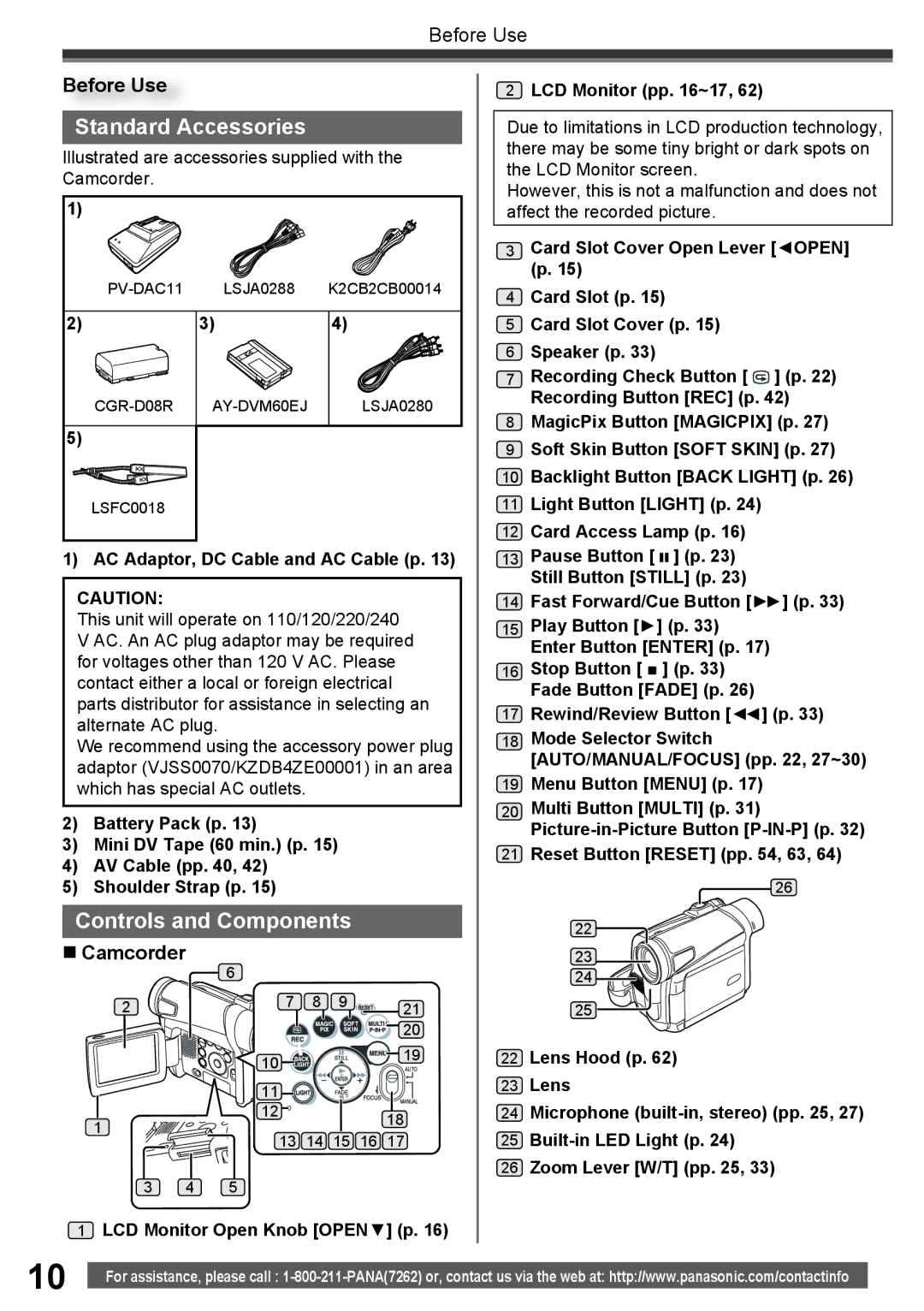 Panasonic PV-GS16 operating instructions Standard Accessories, Controls and Components 