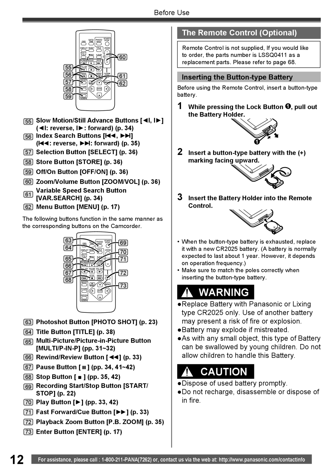 Panasonic PV-GS16 operating instructions Remote Control Optional, Inserting the Button-type Battery 