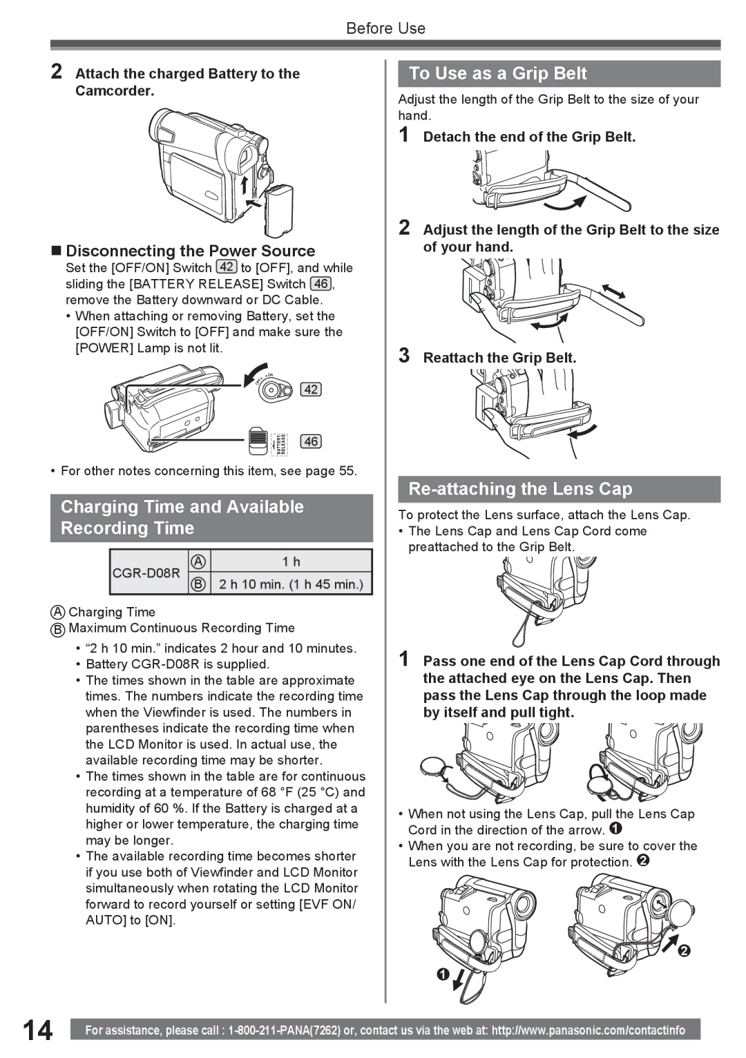 Panasonic PV-GS16 Charging Time and Available Recording Time, To Use as a Grip Belt, Re-attaching the Lens Cap 