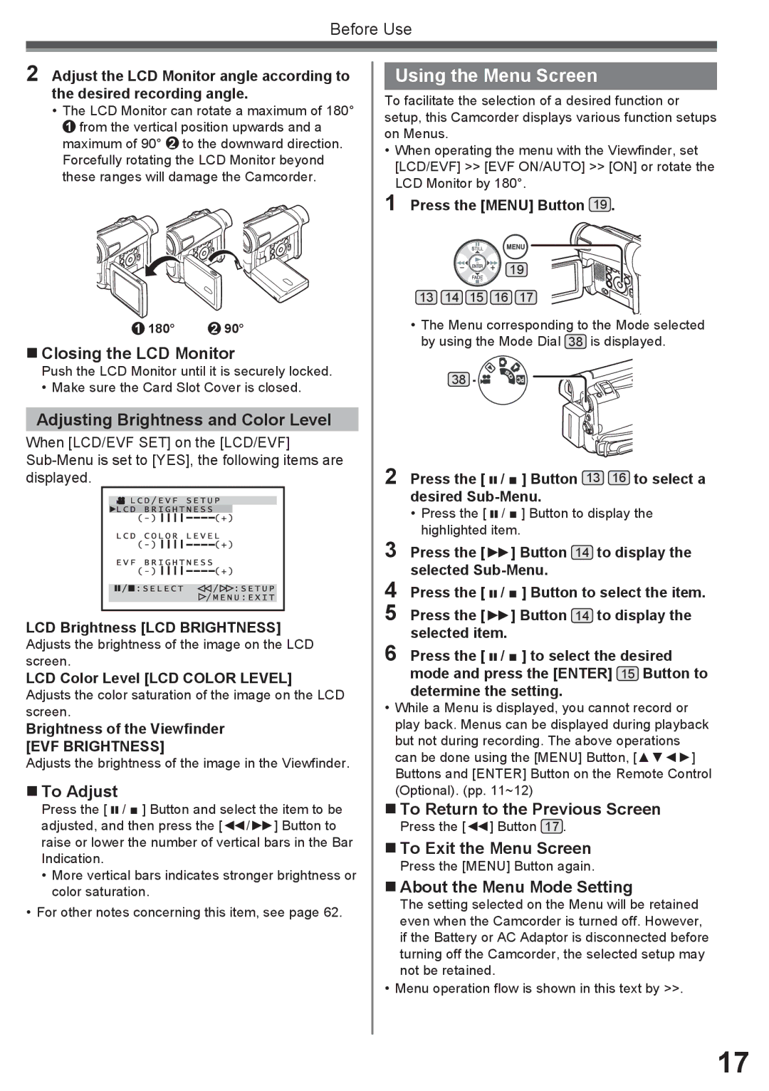 Panasonic PV-GS16 operating instructions Using the Menu Screen 