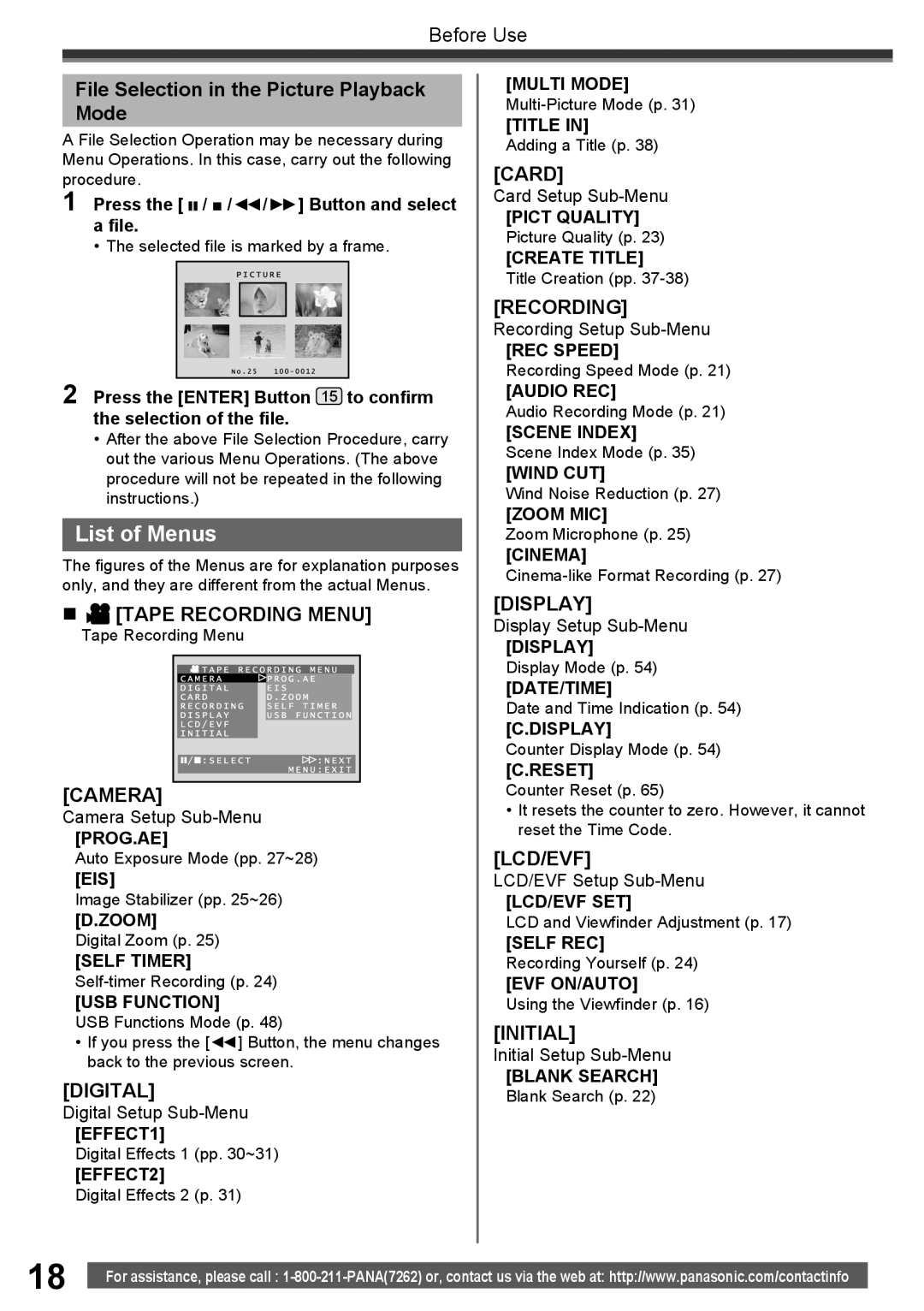 Panasonic PV-GS16 List of Menus, File Selection in the Picture Playback Mode, Press the / // Button and select a ﬁle 