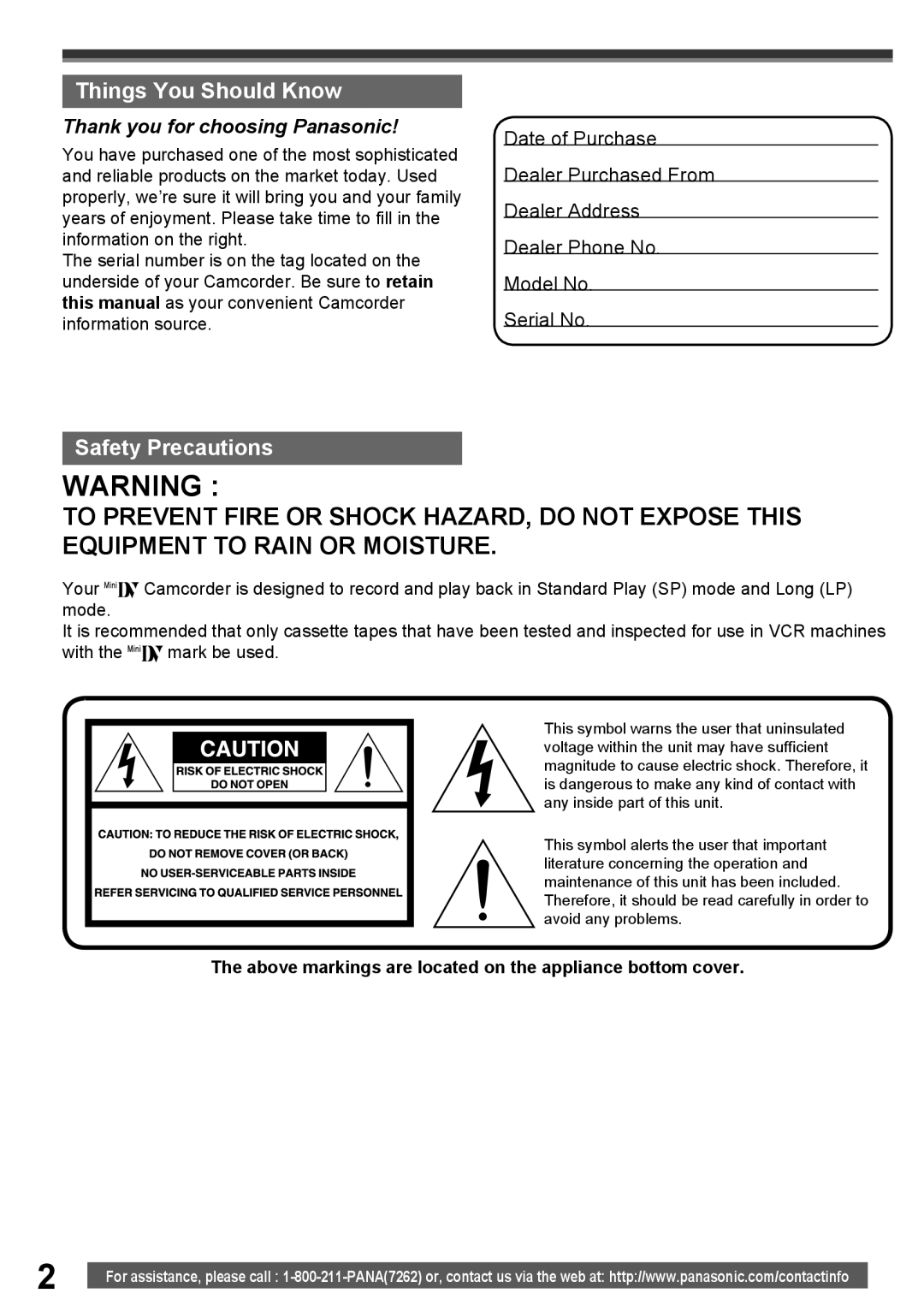 Panasonic PV-GS16 Things You Should Know, Safety Precautions, Above markings are located on the appliance bottom cover 