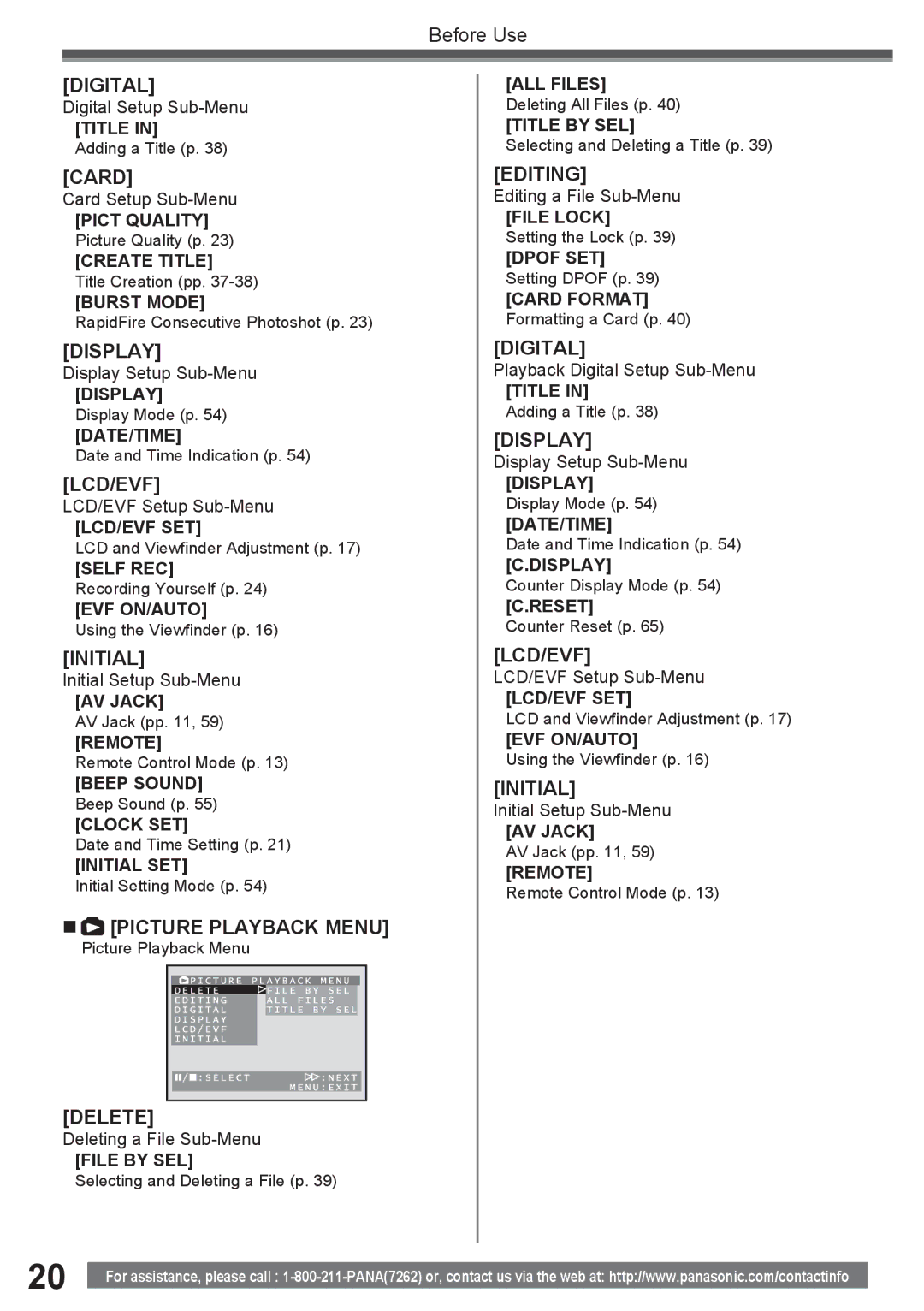 Panasonic PV-GS16 RapidFire Consecutive Photoshot p, Picture Playback Menu, Selecting and Deleting a File p 