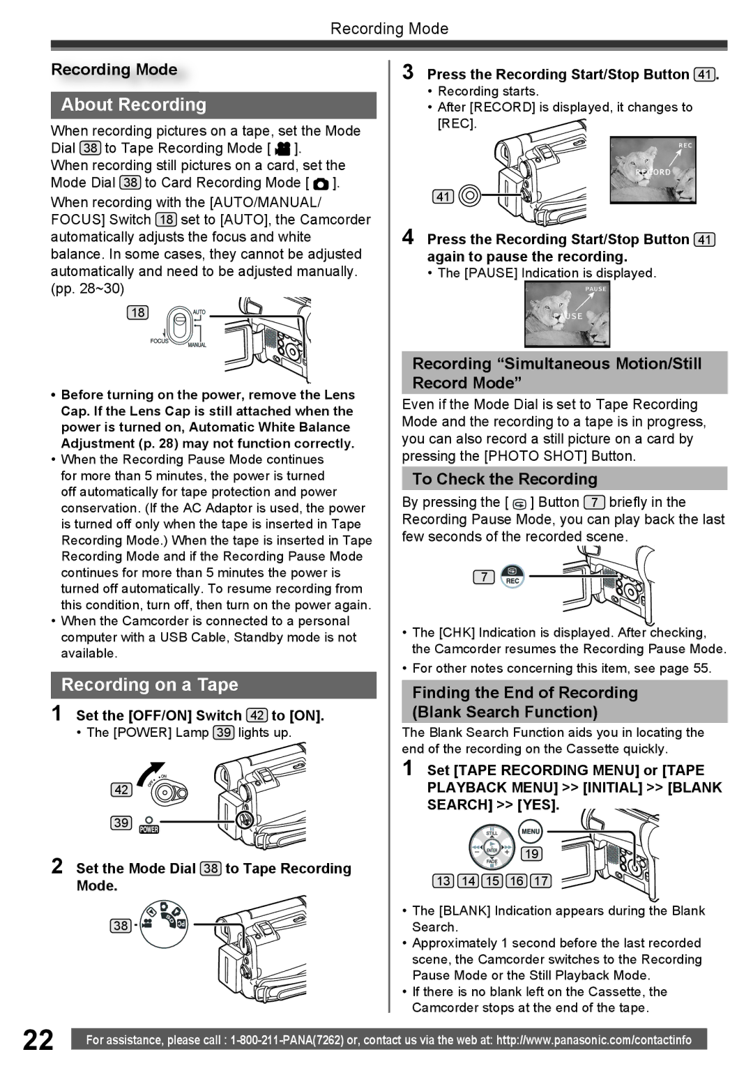 Panasonic PV-GS16 About Recording, Recording on a Tape, Recording Simultaneous Motion/Still Record Mode 