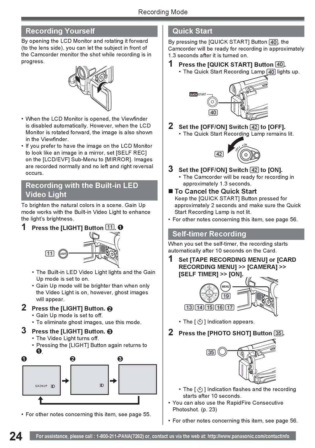 Panasonic PV-GS16 Recording Yourself, Recording with the Built-in LED Video Light, Quick Start, Self-timer Recording 