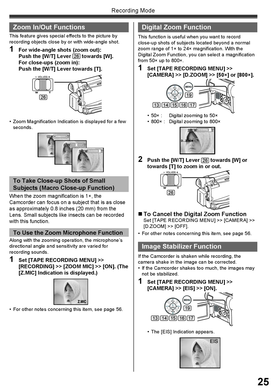 Panasonic PV-GS16 operating instructions Zoom In/Out Functions, Digital Zoom Function, Image Stabilizer Function 