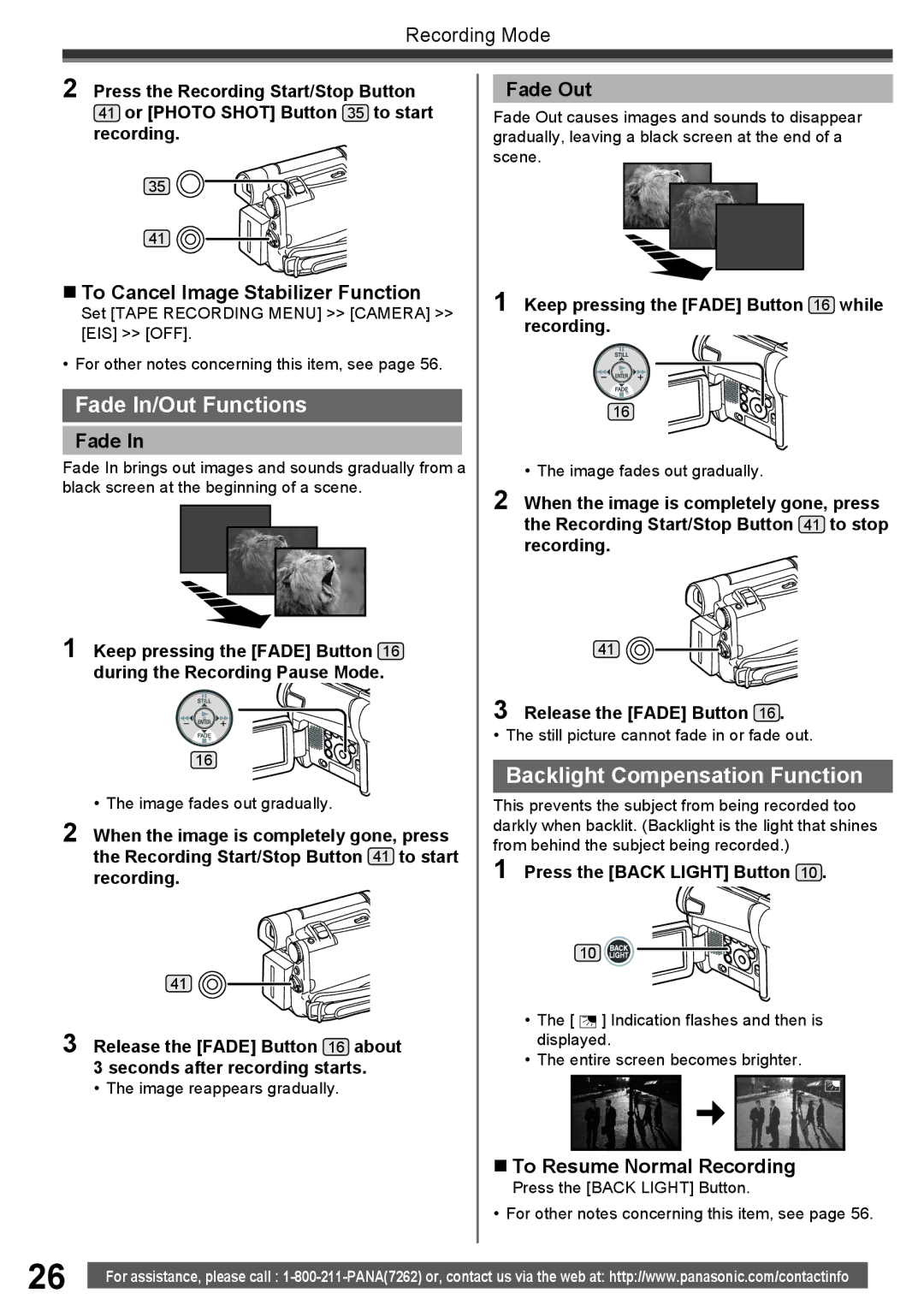 Panasonic PV-GS16 operating instructions Fade In/Out Functions, Backlight Compensation Function 