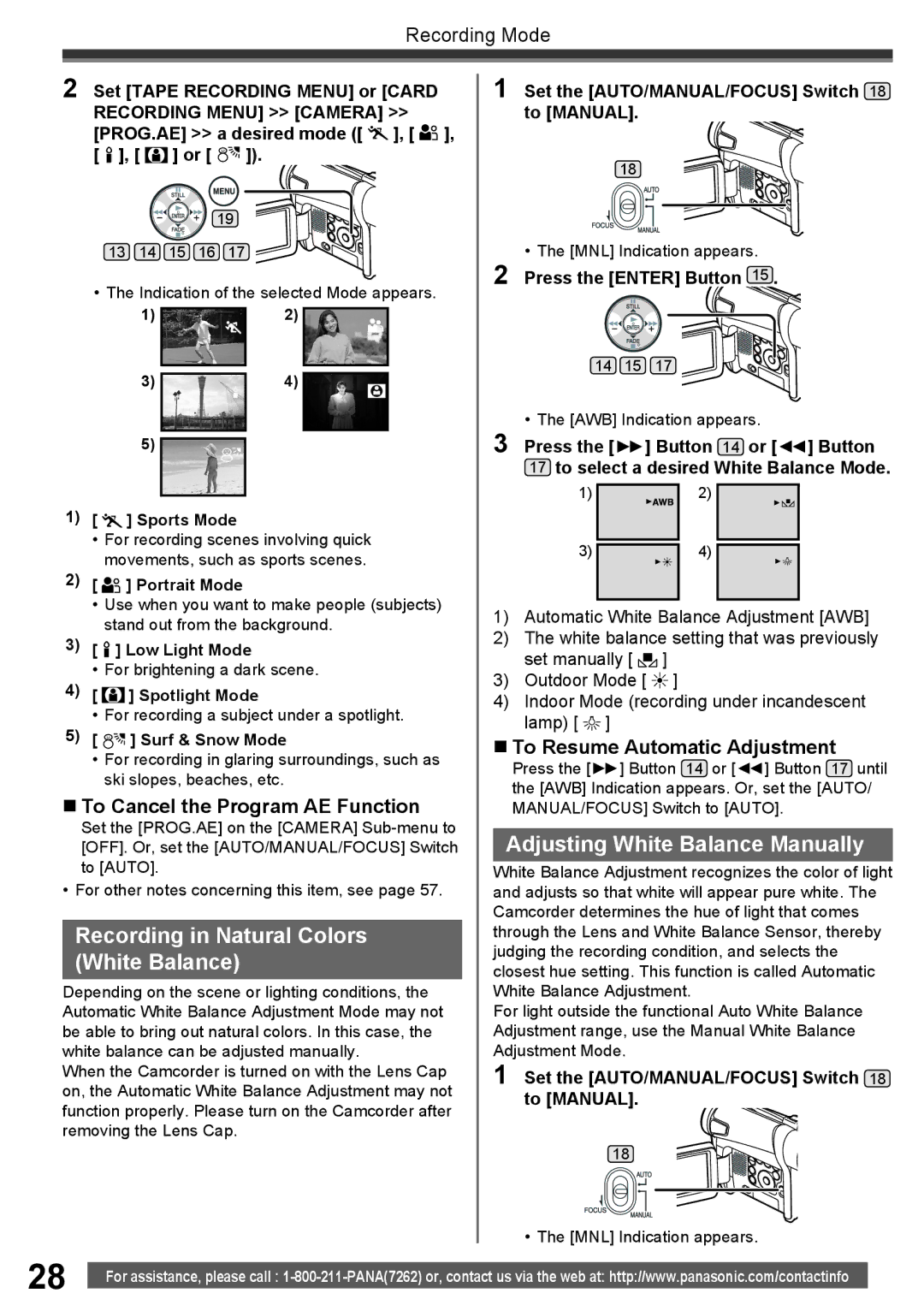 Panasonic PV-GS16 operating instructions Recording in Natural Colors White Balance, Adjusting White Balance Manually 