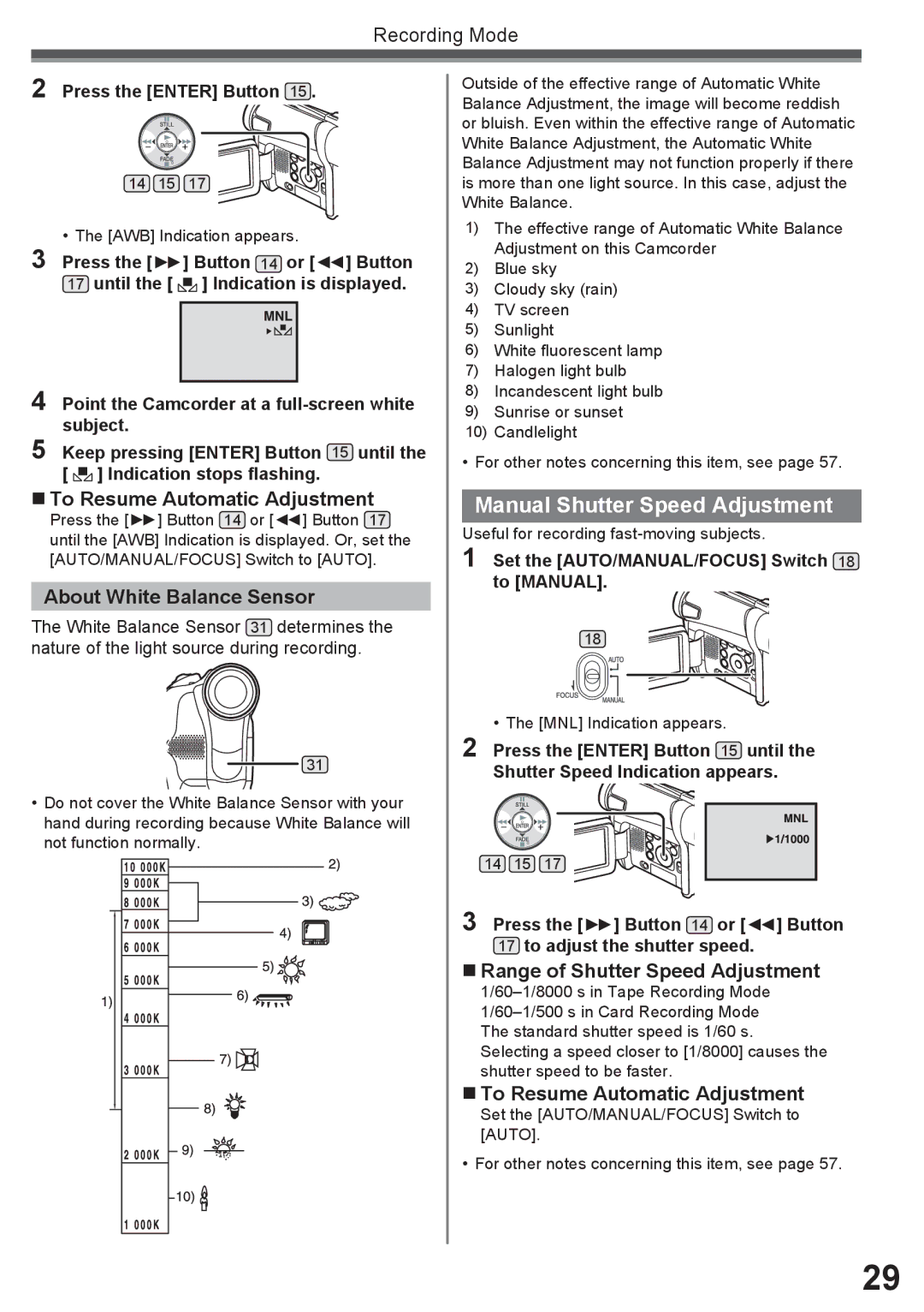 Panasonic PV-GS16 Manual Shutter Speed Adjustment, About White Balance Sensor, „ Range of Shutter Speed Adjustment 