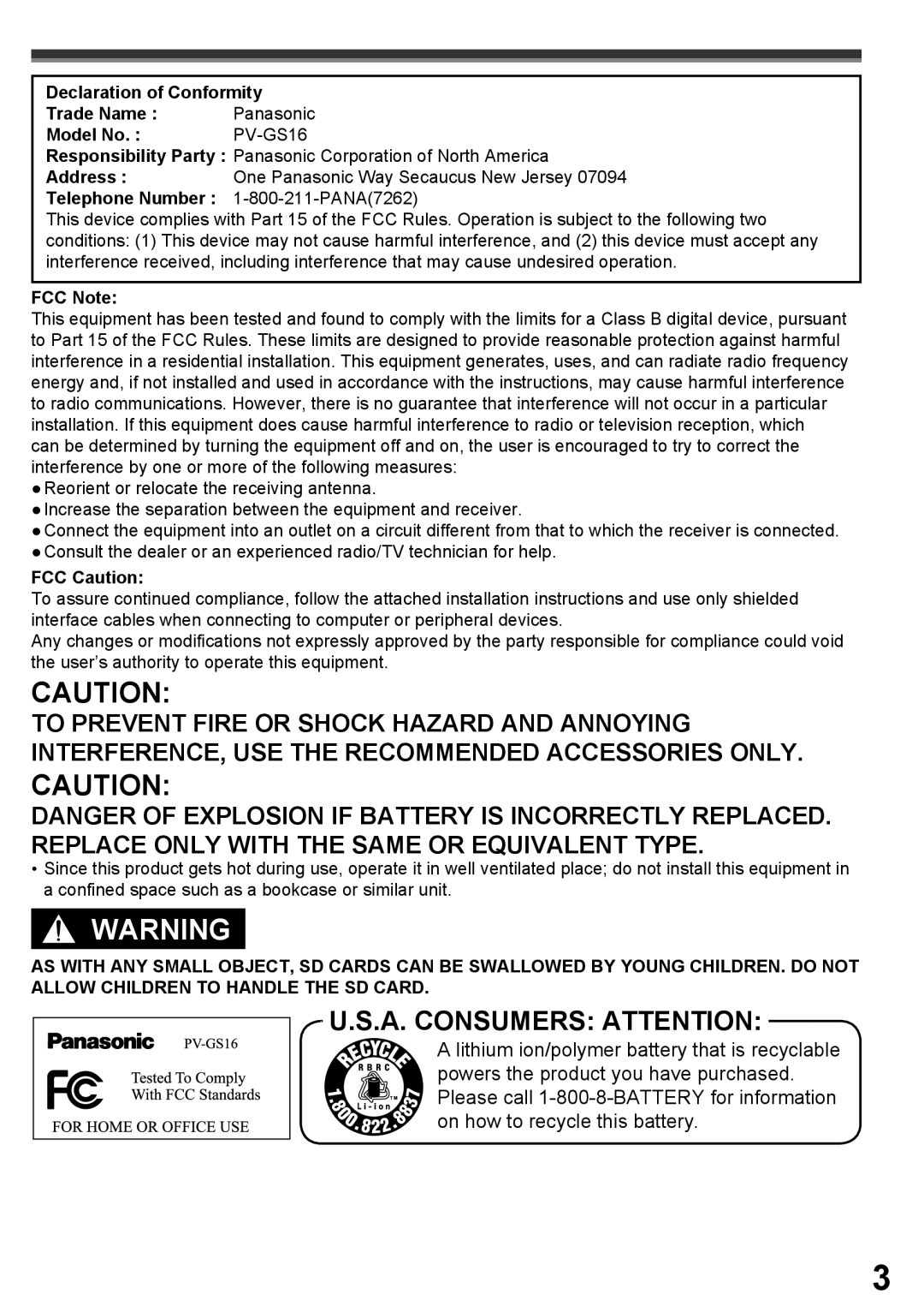 Panasonic PV-GS16 operating instructions Telephone Number PANA7262, FCC Note, FCC Caution 