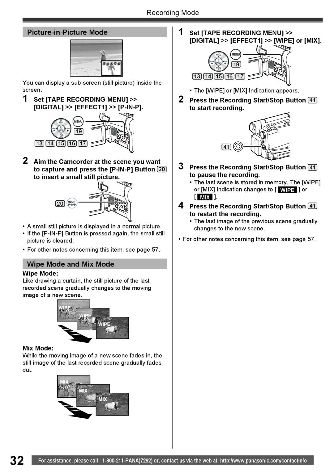 Panasonic PV-GS16 operating instructions Picture-in-Picture Mode, Wipe Mode and Mix Mode 