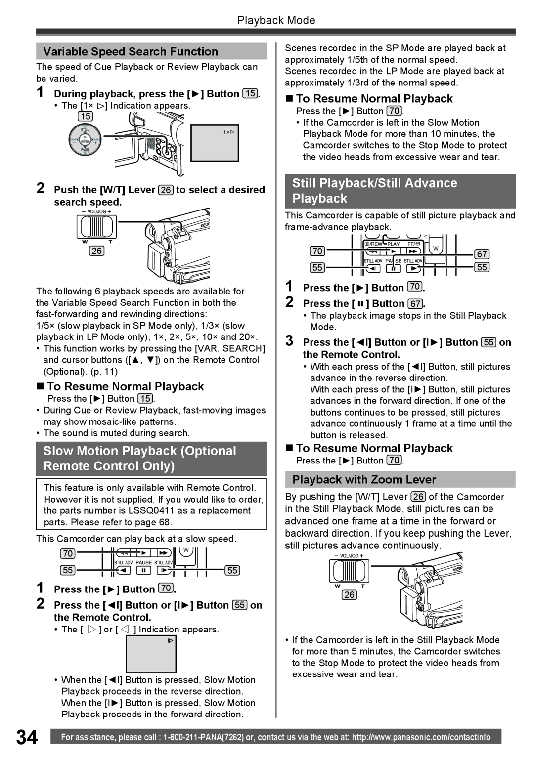 Panasonic PV-GS16 operating instructions Slow Motion Playback Optional Remote Control Only, Still Playback/Still Advance 