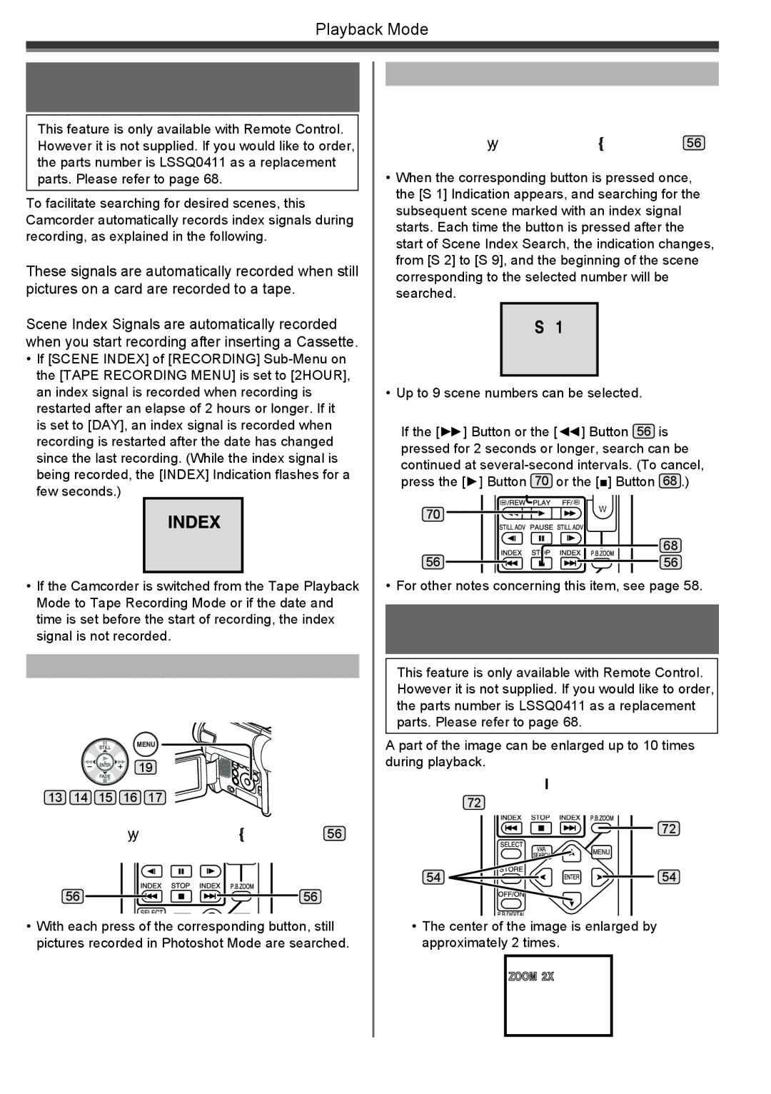 Panasonic PV-GS16 Index Search Functions Optional Remote Control Only, Playback Zoom Function Optional Remote Control Only 