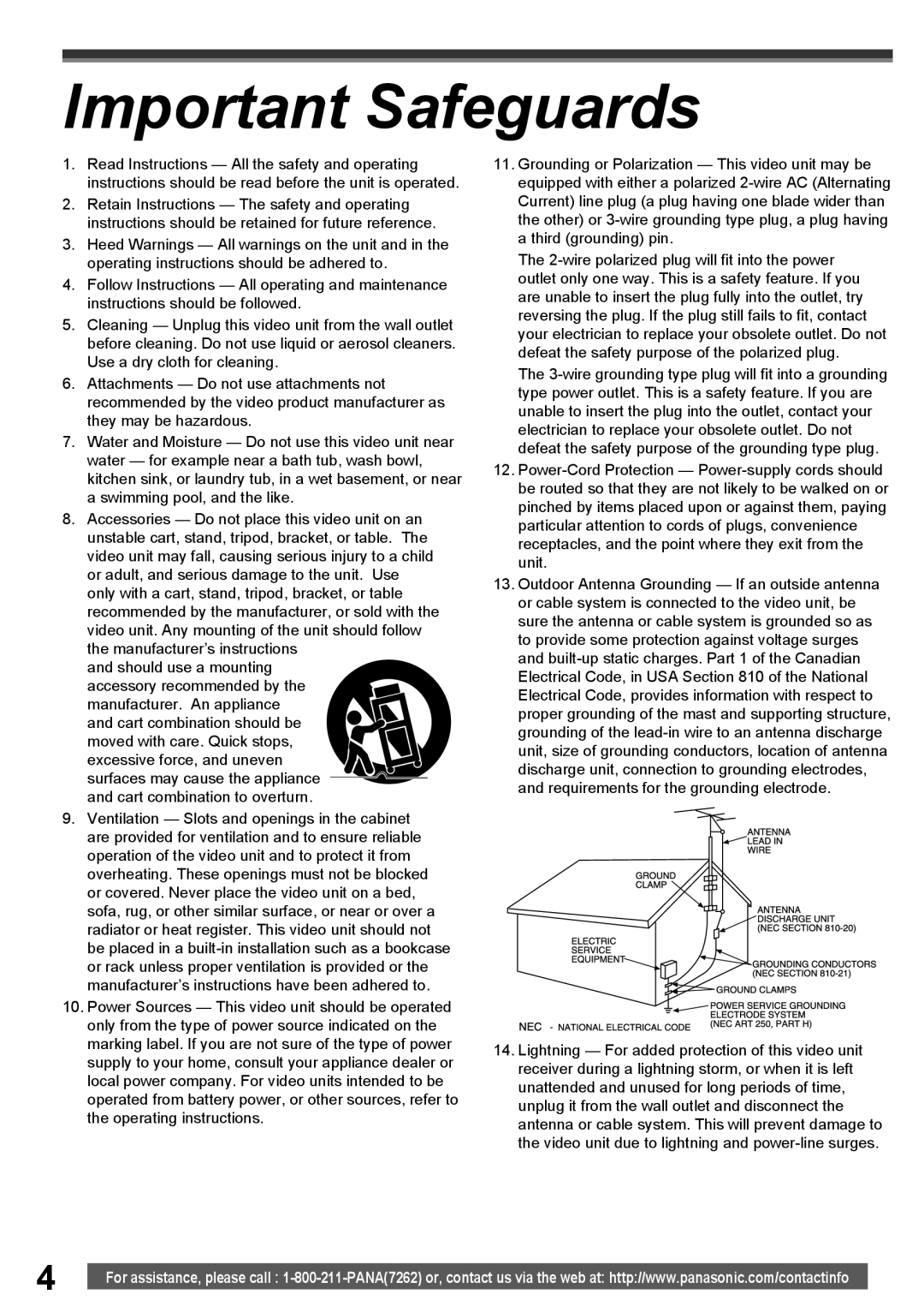 Panasonic PV-GS16 operating instructions Important Safeguards 