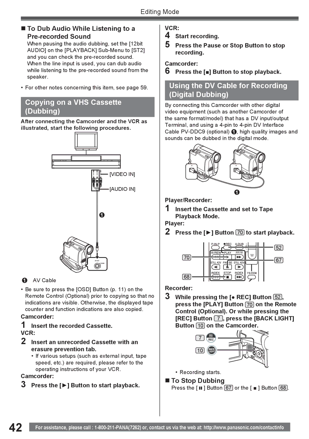 Panasonic PV-GS16 Copying on a VHS Cassette Dubbing, Using the DV Cable for Recording Digital Dubbing, „ To Stop Dubbing 