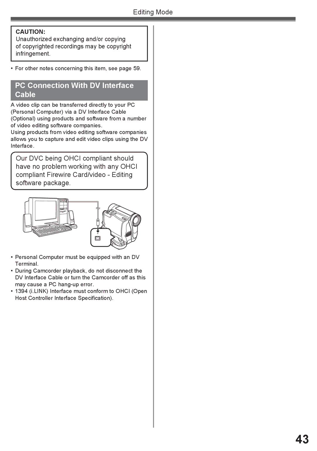 Panasonic PV-GS16 operating instructions PC Connection With DV Interface Cable 