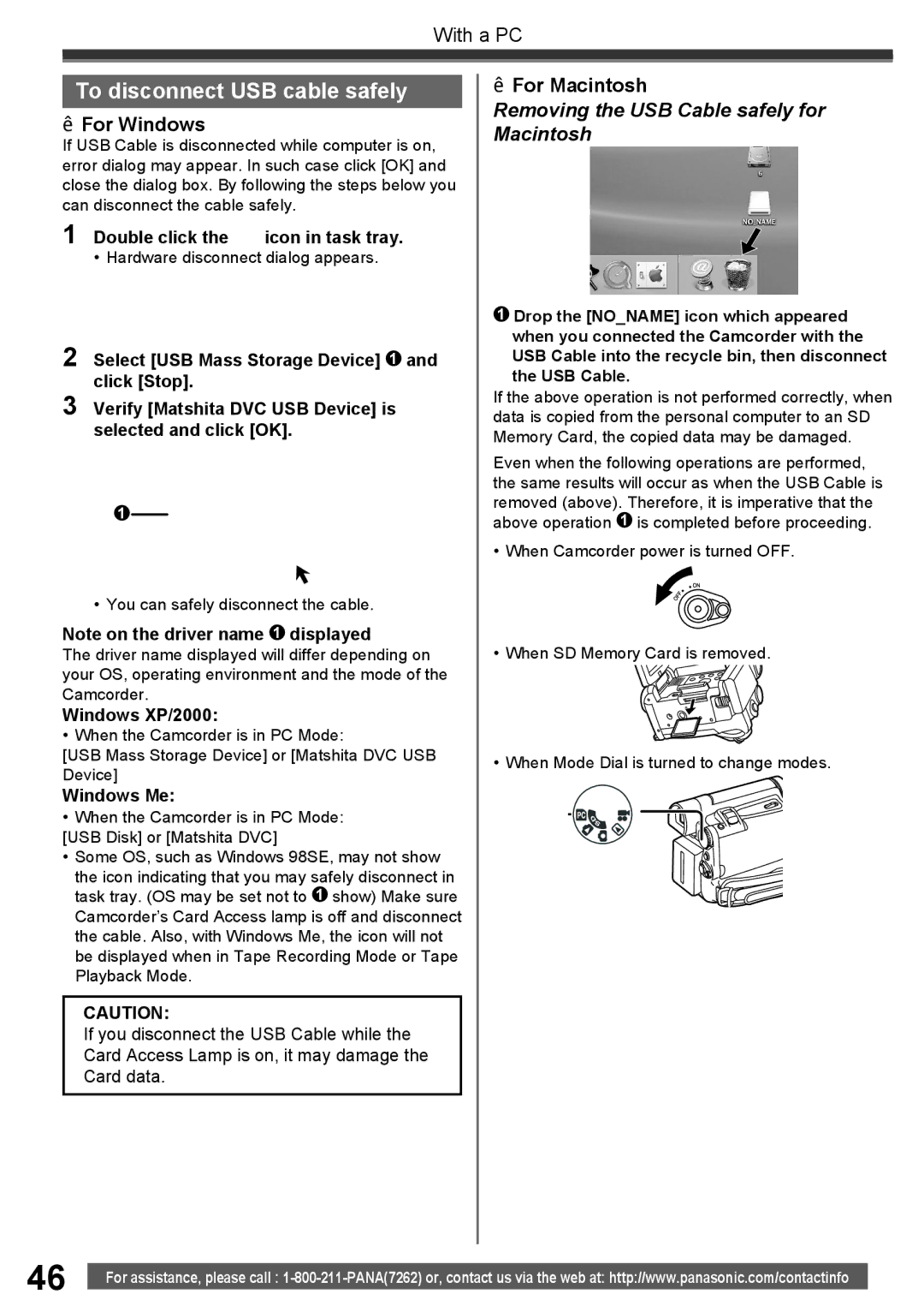 Panasonic PV-GS16 To disconnect USB cable safely, Double click the icon in task tray, Windows XP/2000, Windows Me 