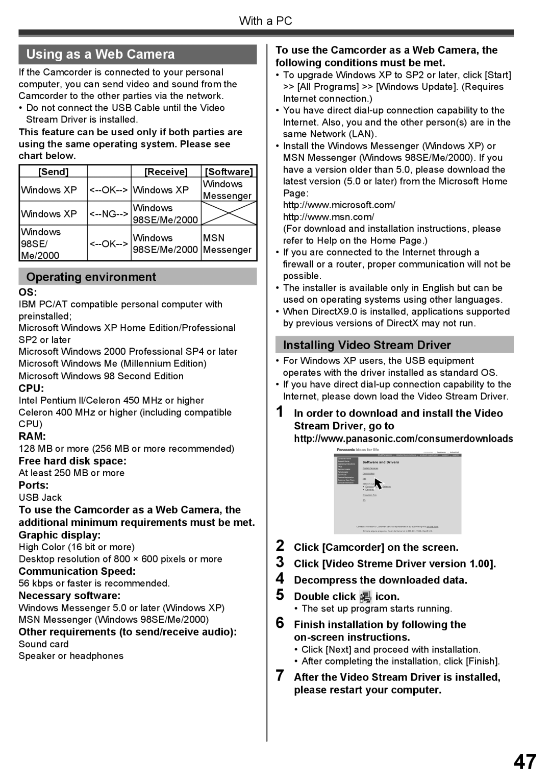 Panasonic PV-GS16 operating instructions Using as a Web Camera, Installing Video Stream Driver 