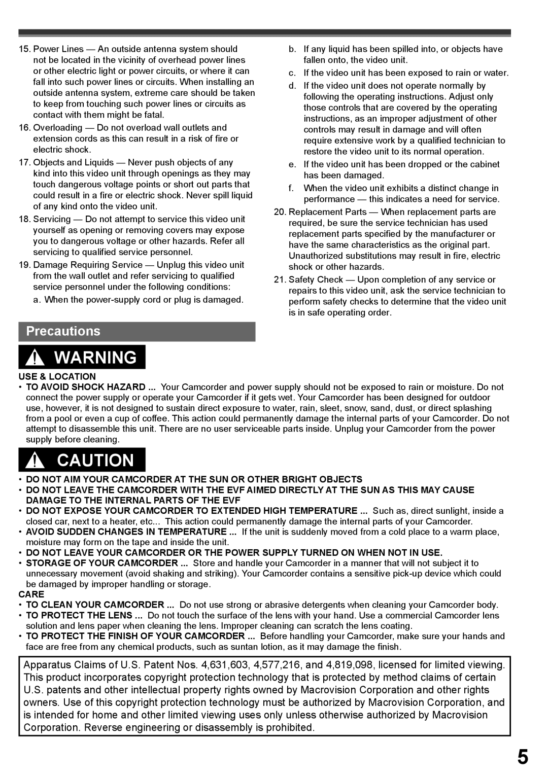 Panasonic PV-GS16 operating instructions Precautions, USE & Location 