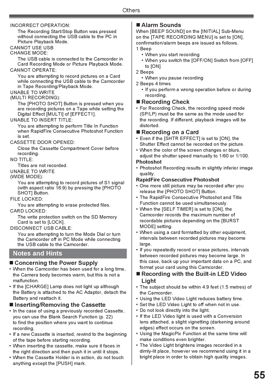 Panasonic PV-GS16 „ Concerning the Power Supply, „ Inserting/Removing the Cassette, „ Alarm Sounds, „ Recording Check 