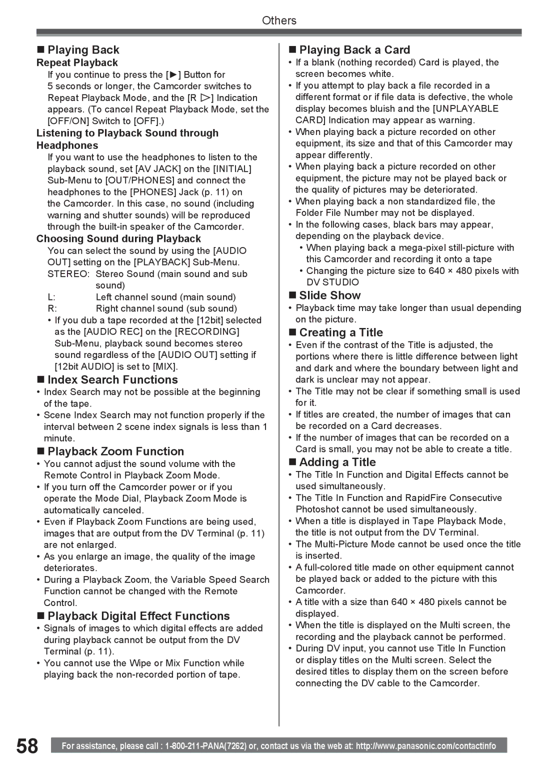 Panasonic PV-GS16 „ Playing Back, „ Index Search Functions, „ Playback Zoom Function, „ Playback Digital Effect Functions 