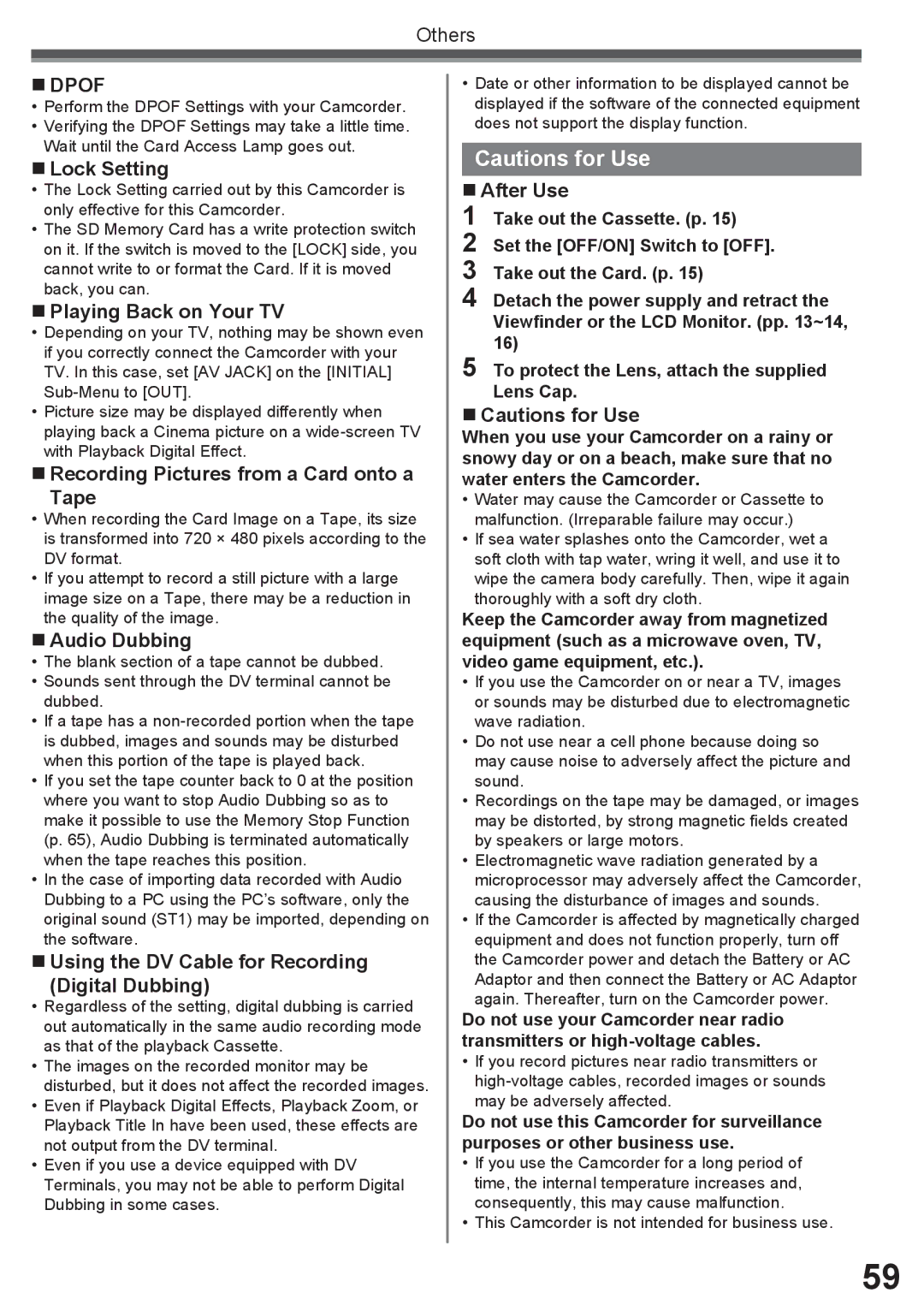 Panasonic PV-GS16 „ Lock Setting, „ Playing Back on Your TV, „ Recording Pictures from a Card onto a Tape, „ Audio Dubbing 