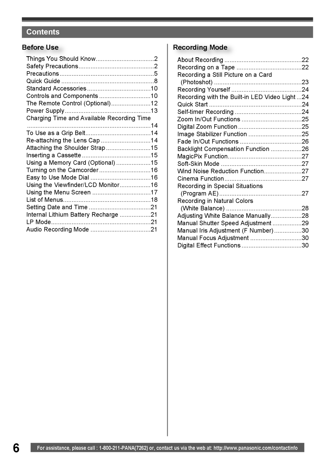 Panasonic PV-GS16 operating instructions Contents 