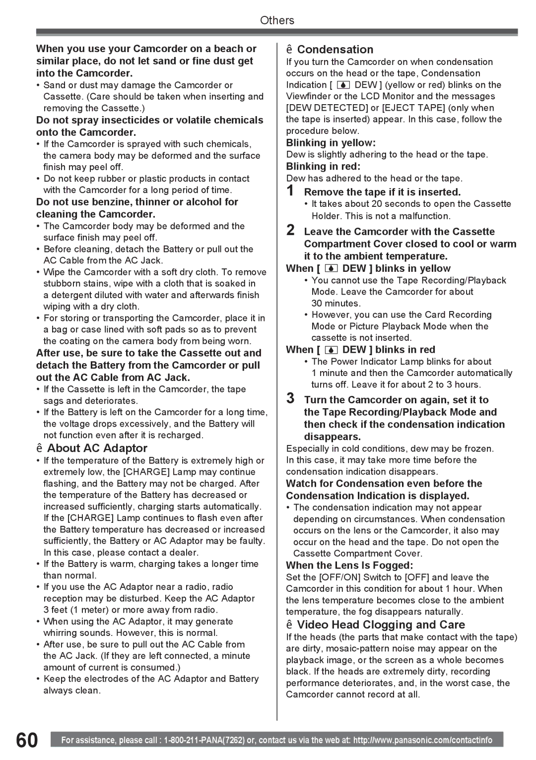 Panasonic PV-GS16 operating instructions „ About AC Adaptor, „ Condensation, „ Video Head Clogging and Care 