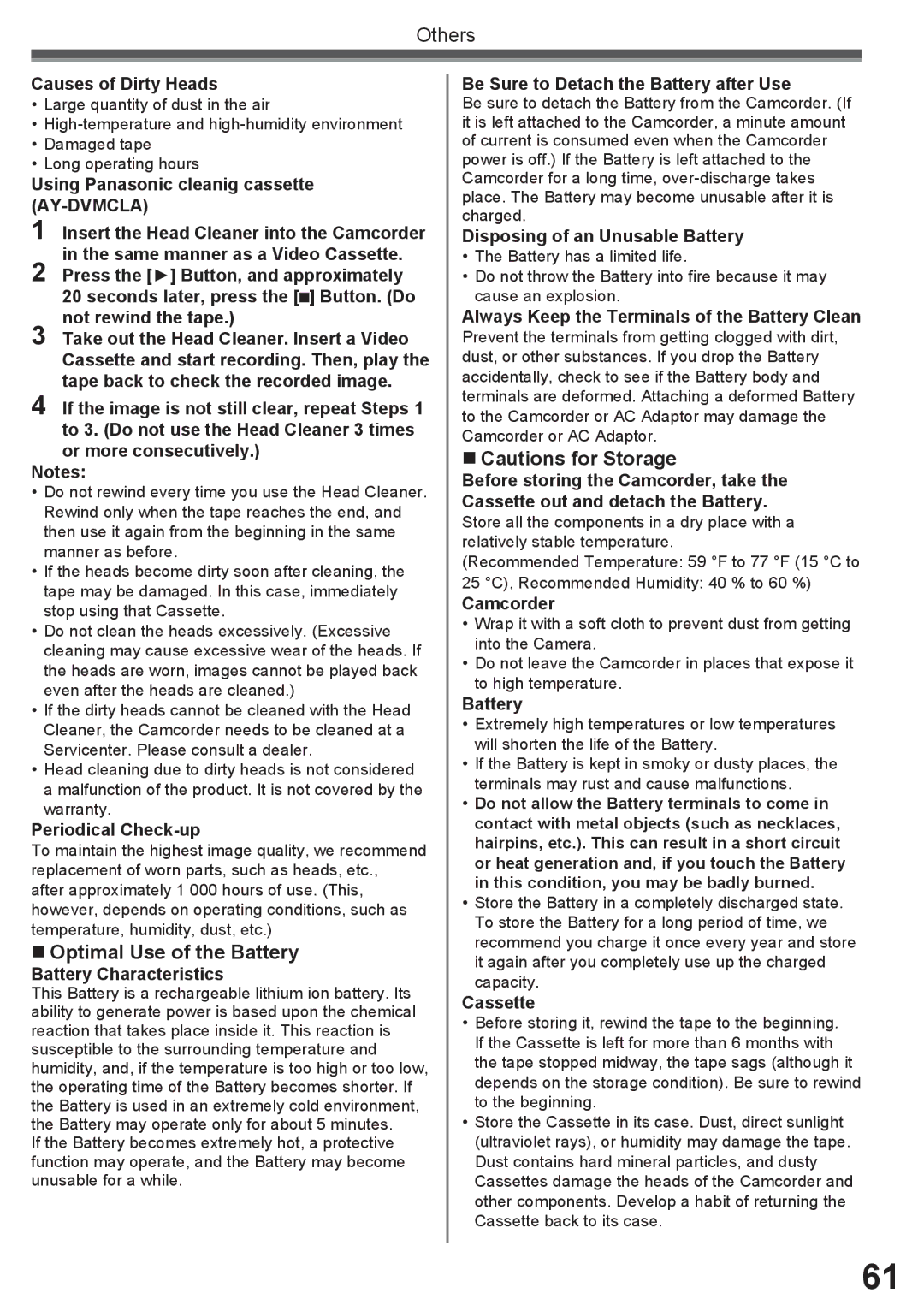 Panasonic PV-GS16 operating instructions „ Optimal Use of the Battery, „ Cautions for Storage 