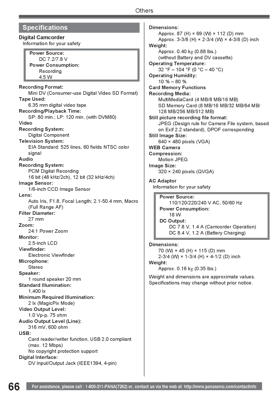 Panasonic PV-GS16 operating instructions Specifications, Digital Camcorder 