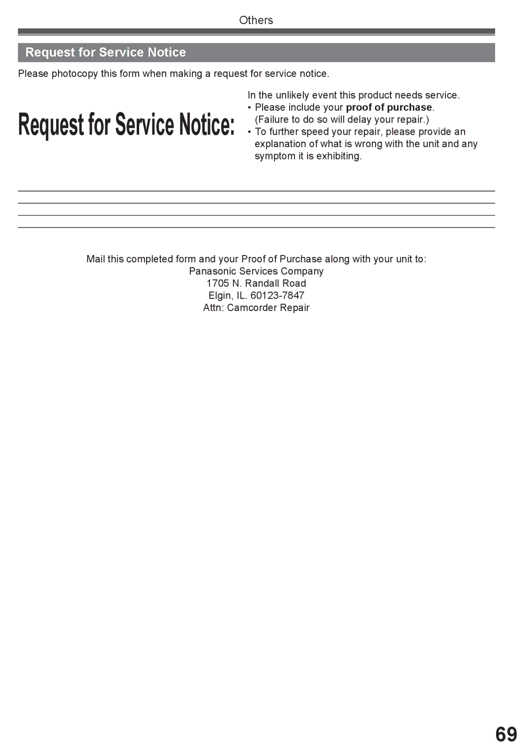 Panasonic PV-GS16 operating instructions Request for Service Notice 