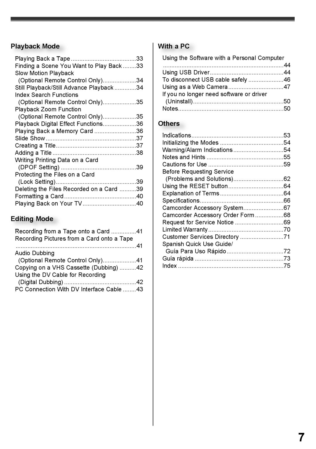 Panasonic PV-GS16 operating instructions Playback Mode, Editing Mode, With a PC, Others 