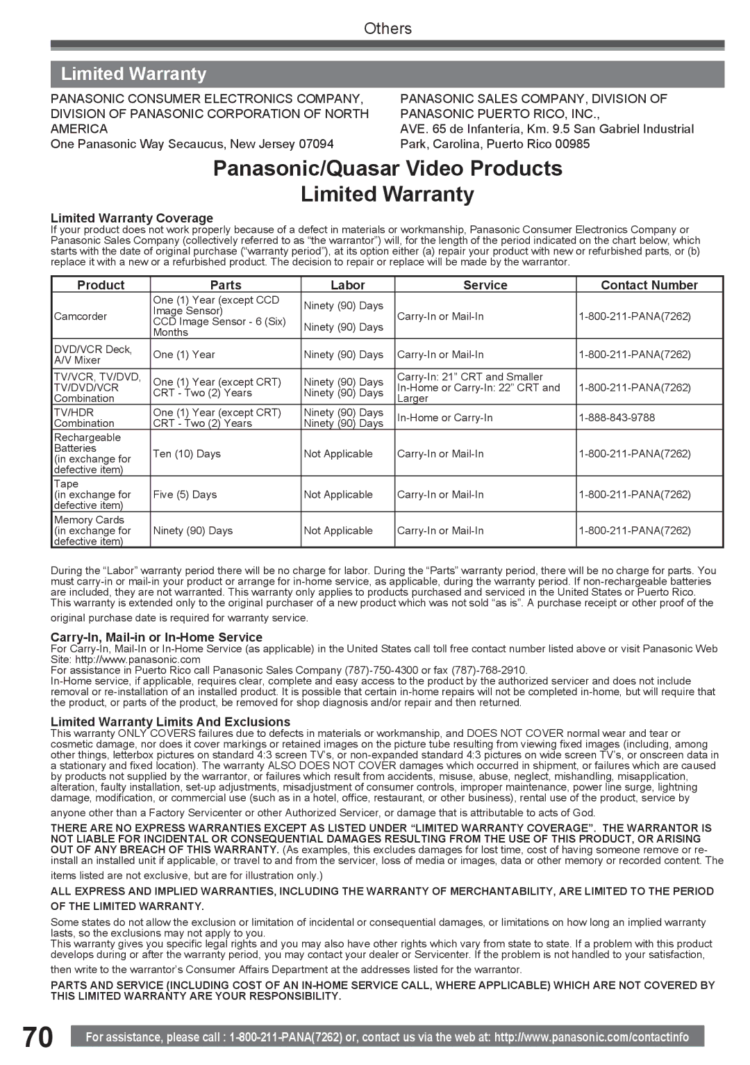 Panasonic PV-GS16 operating instructions Panasonic/Quasar Video Products Limited Warranty 