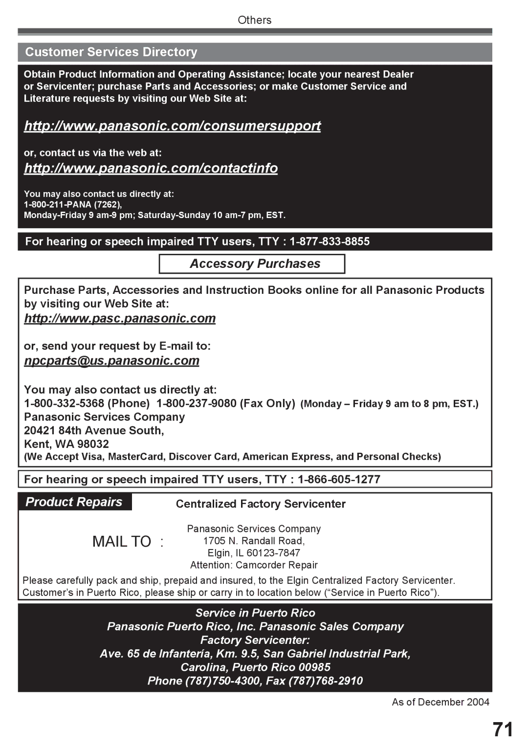 Panasonic PV-GS16 operating instructions Customer Services Directory, For hearing or speech impaired TTY users, TTY 