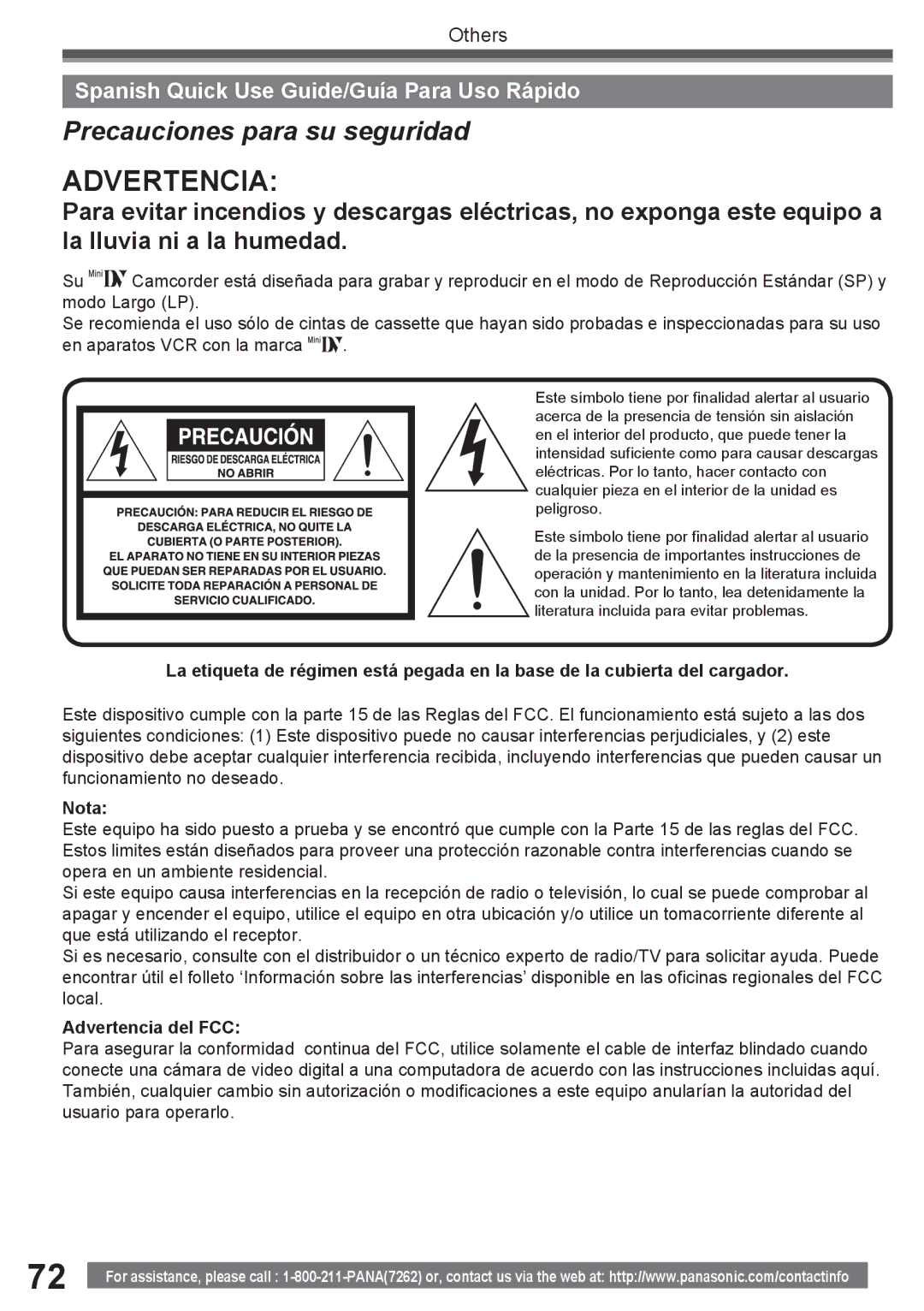 Panasonic PV-GS16 operating instructions Spanish Quick Use Guide/Guía Para Uso Rápido, Nota, Advertencia del FCC 