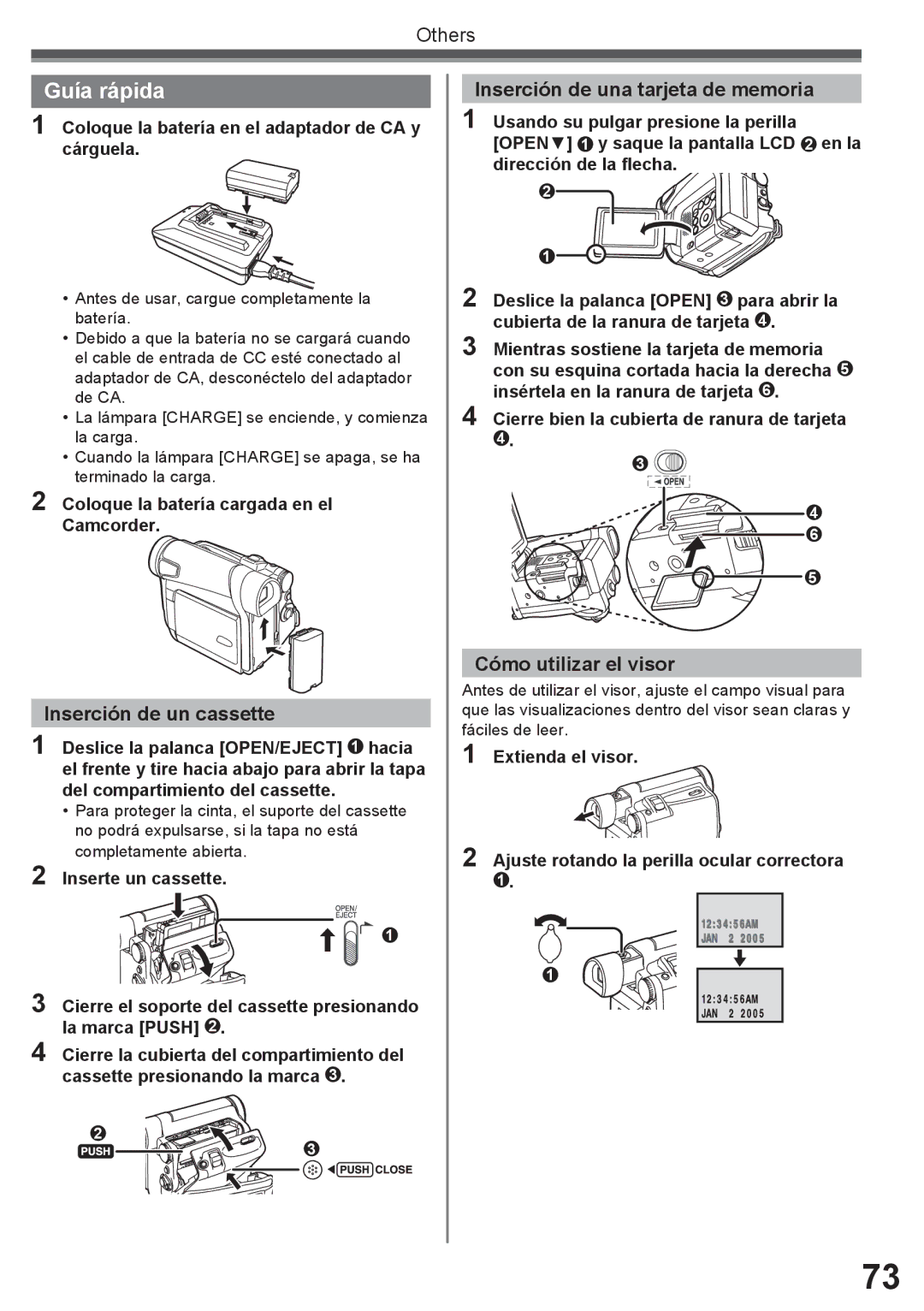 Panasonic PV-GS16 Guía rápida, Inserción de un cassette, Inserción de una tarjeta de memoria, Cómo utilizar el visor 